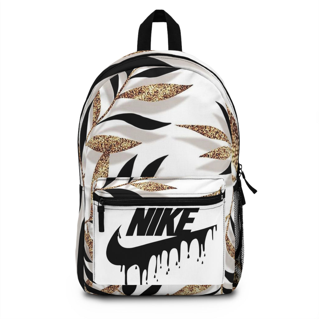 Floral Glitter Leaves Backpack with Drip Nike Logo — Chic Casual Daypack