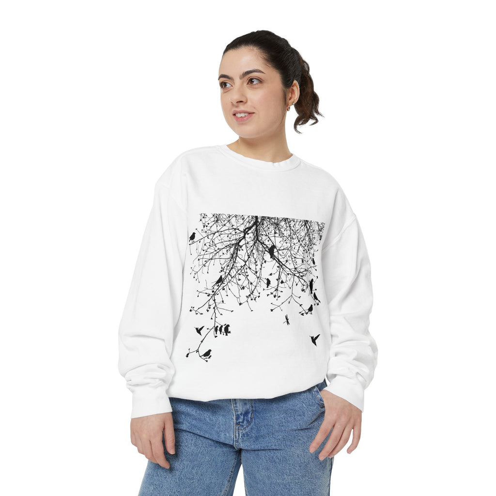 Floral & Flock Sweatshirt — Botanical Meadow Front with Birds Back