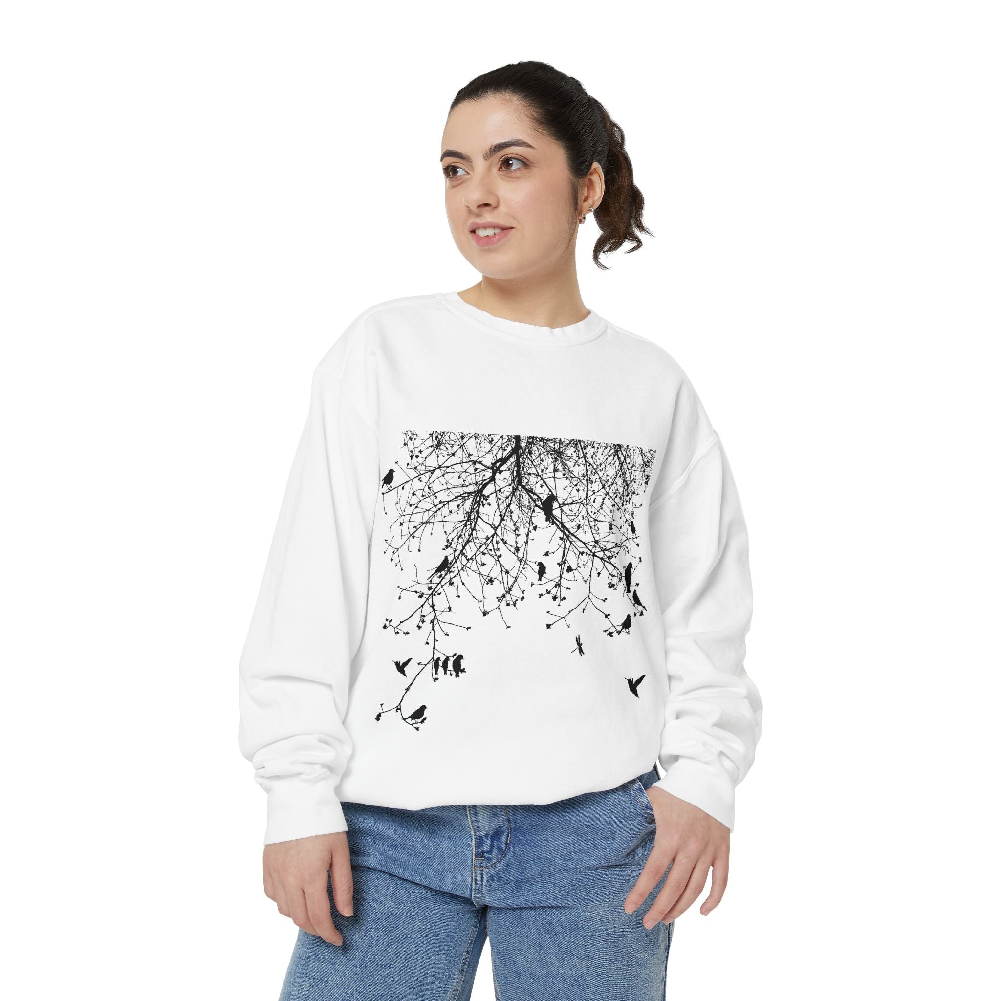 Floral & Flock Sweatshirt — Botanical Meadow Front with Birds Back