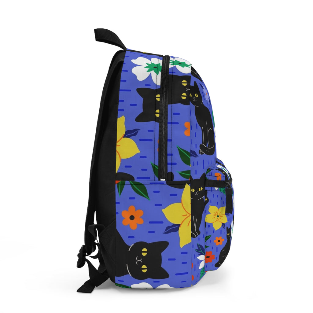Black Cat Floral Backpack — Cute Cat Pattern School & Daypack