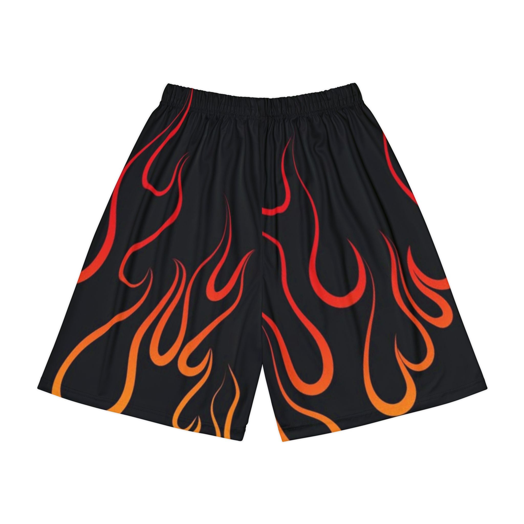 Flame Print Athletic Shorts — Retro Red & Orange Fire Pattern