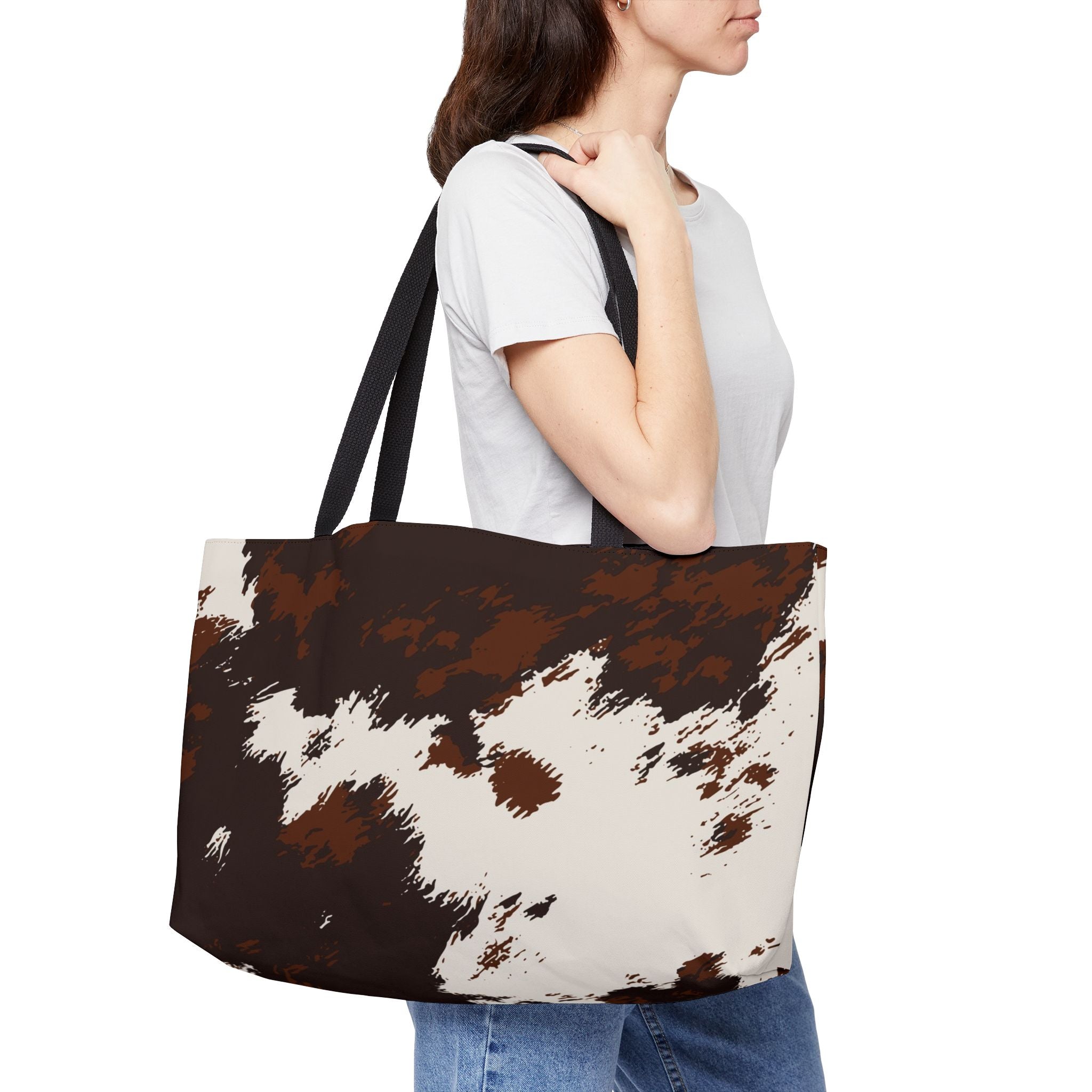 Cowhide Print Weekender Tote Bag — Brown & White Faux Cowhide Travel Tote
