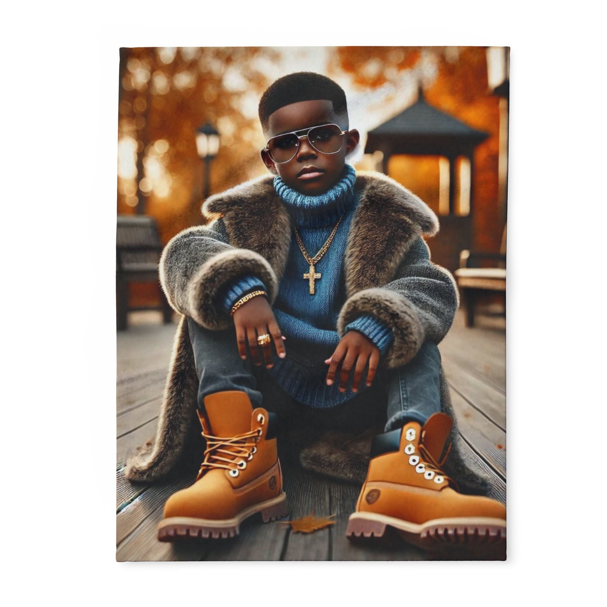 Arctic Fleece Blanket — Cozy Autumn Portrait Throw Blanket with Stylish Kid in Fur Coat Design