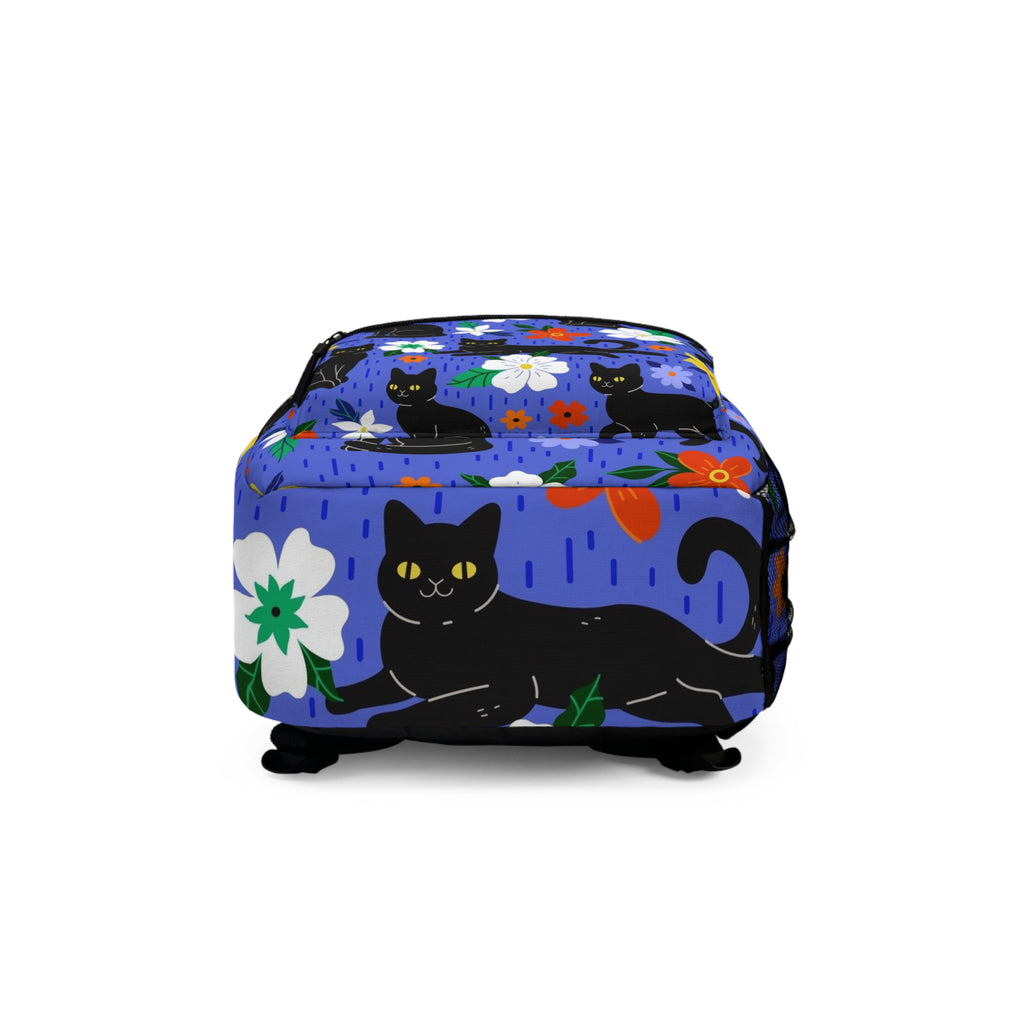 Black Cat Floral Backpack — Cute Cat Pattern School & Daypack