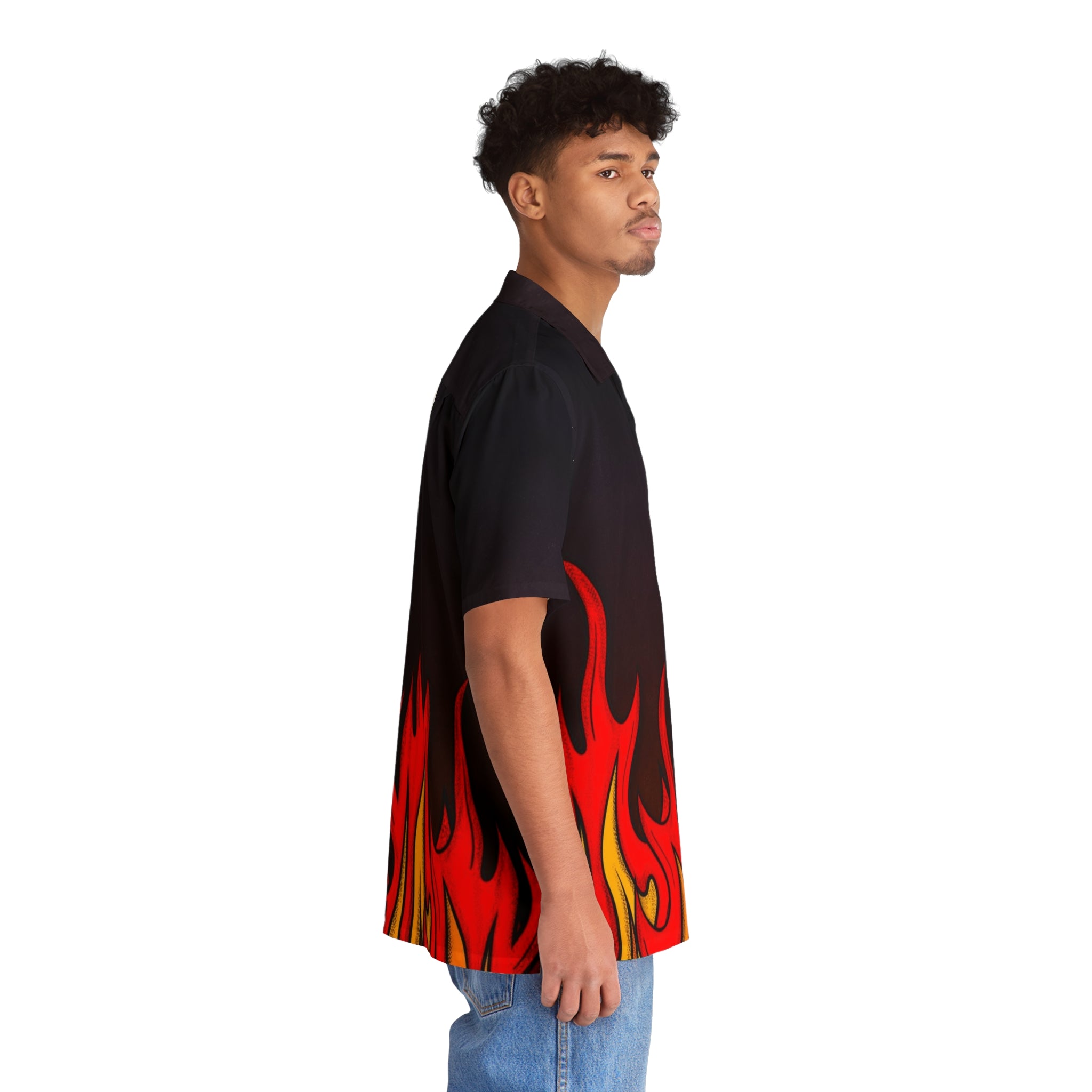 Flame Graphic Hawaiian Shirt — Men’s Retro Fire Print Camp Shirt