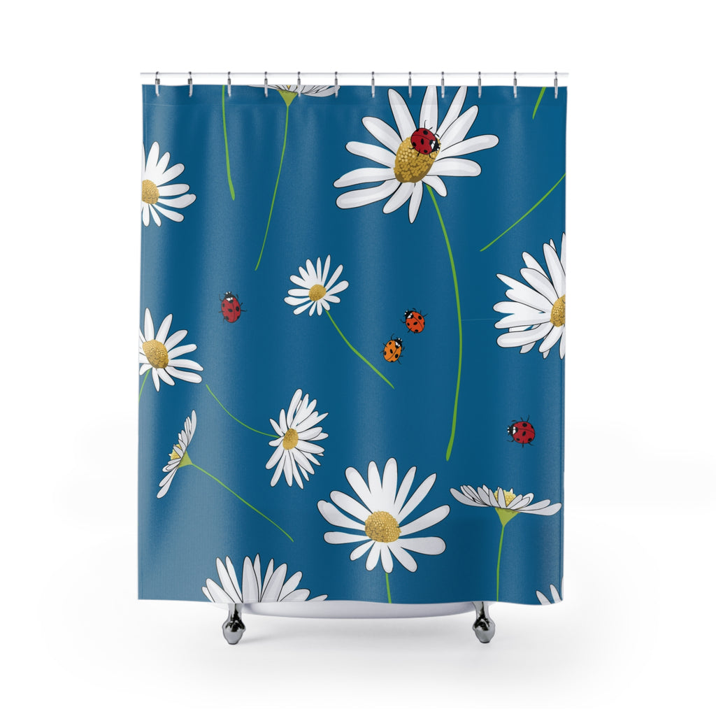Daisy & Ladybug Shower Curtain – Blue Floral Bathroom Décor