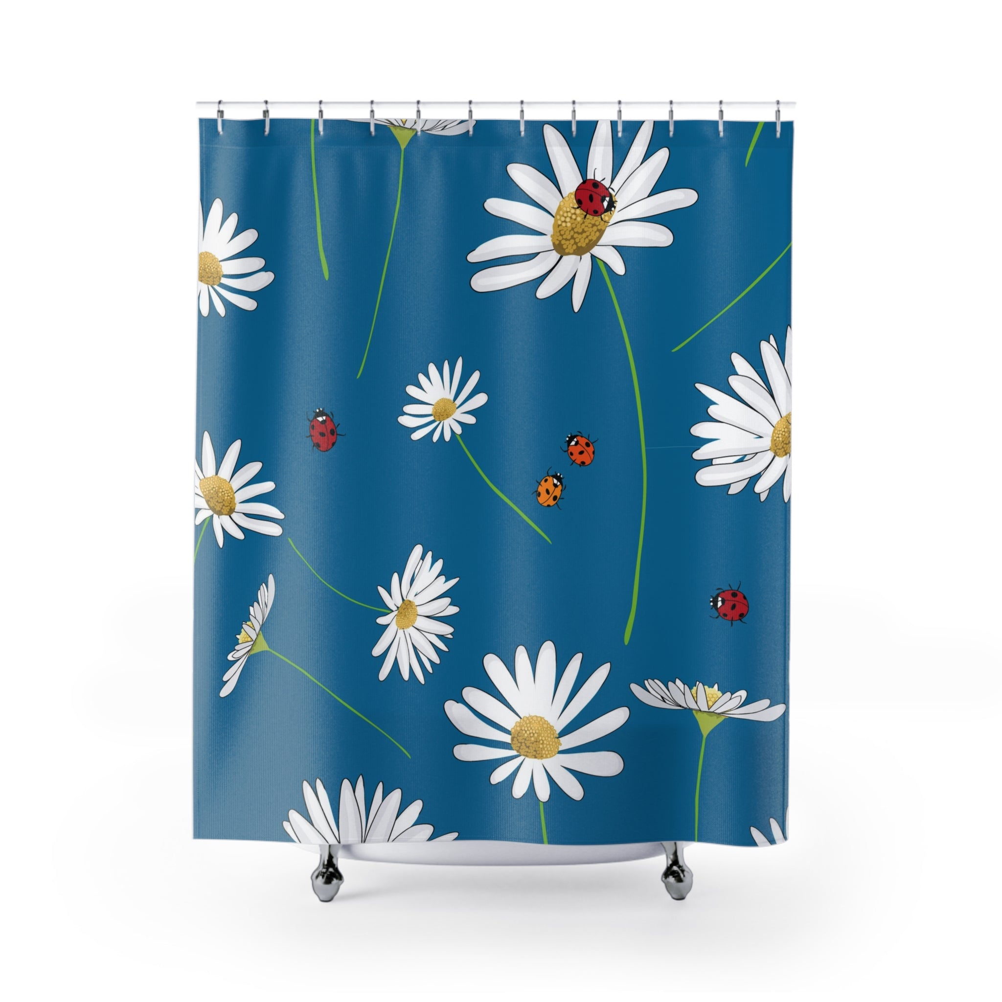 Daisy & Ladybug Shower Curtain – Blue Floral Bathroom Décor