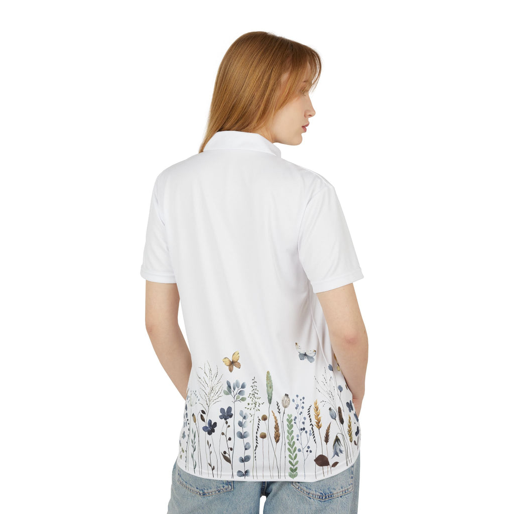 Botanical Meadow Polo Shirt — Floral Field Design with Butterflies