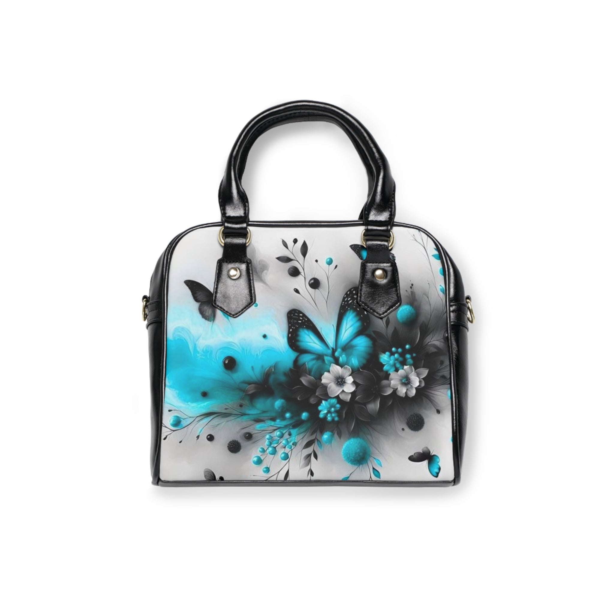Butterfly Floral Shoulder Handbag — Teal Accent Satchel