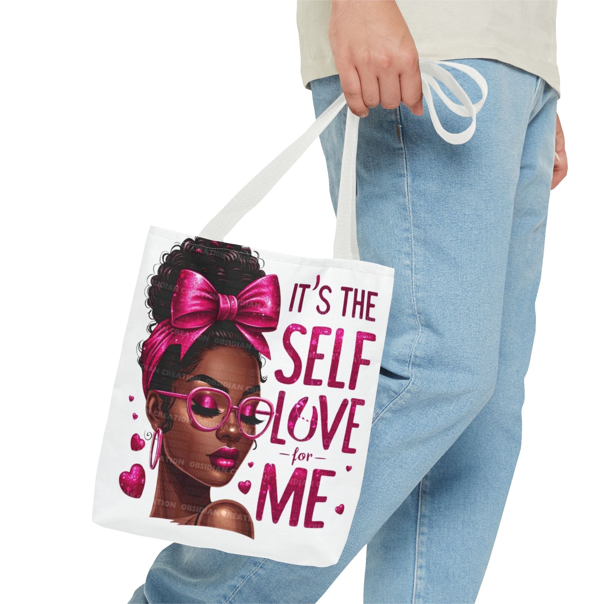 Self-Love Canvas Tote Bag — Pink Headwrap & Butterfly Afro Glam Design