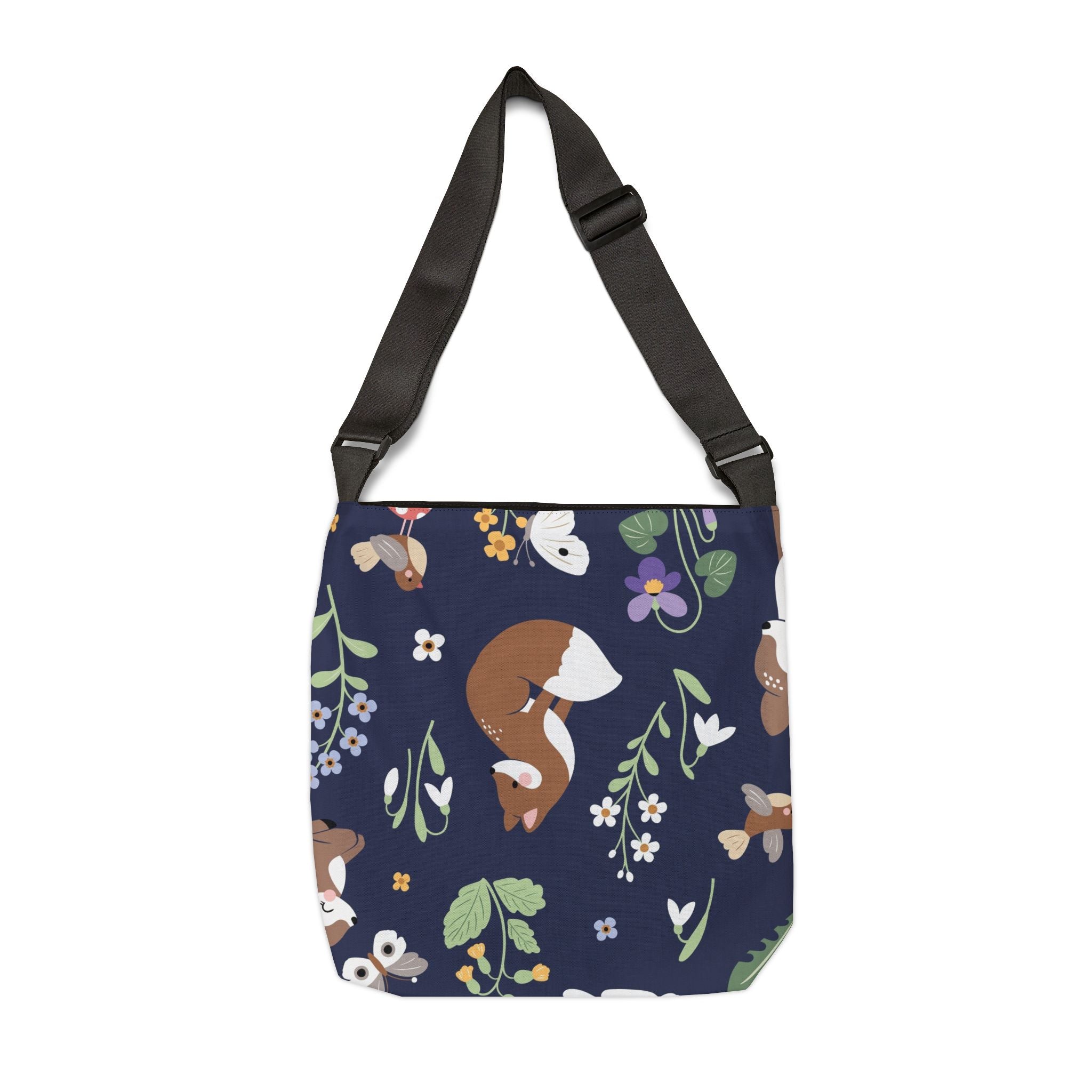 Fox Floral Adjustable Tote Bag — Cute Woodland Pattern Shoulder Bag