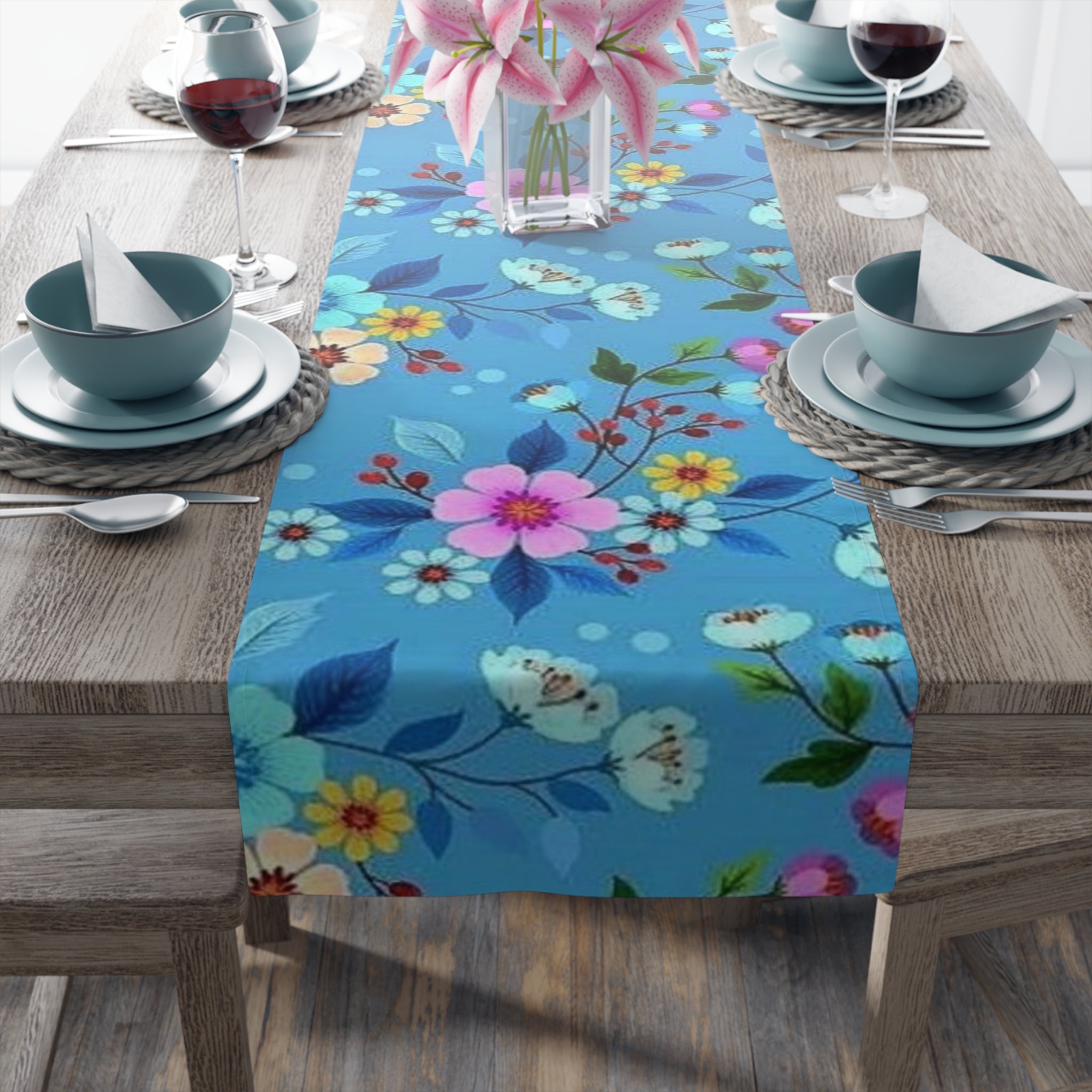 Blue Floral Table Runner – Spring Garden Cotton-Blend Dining Decor