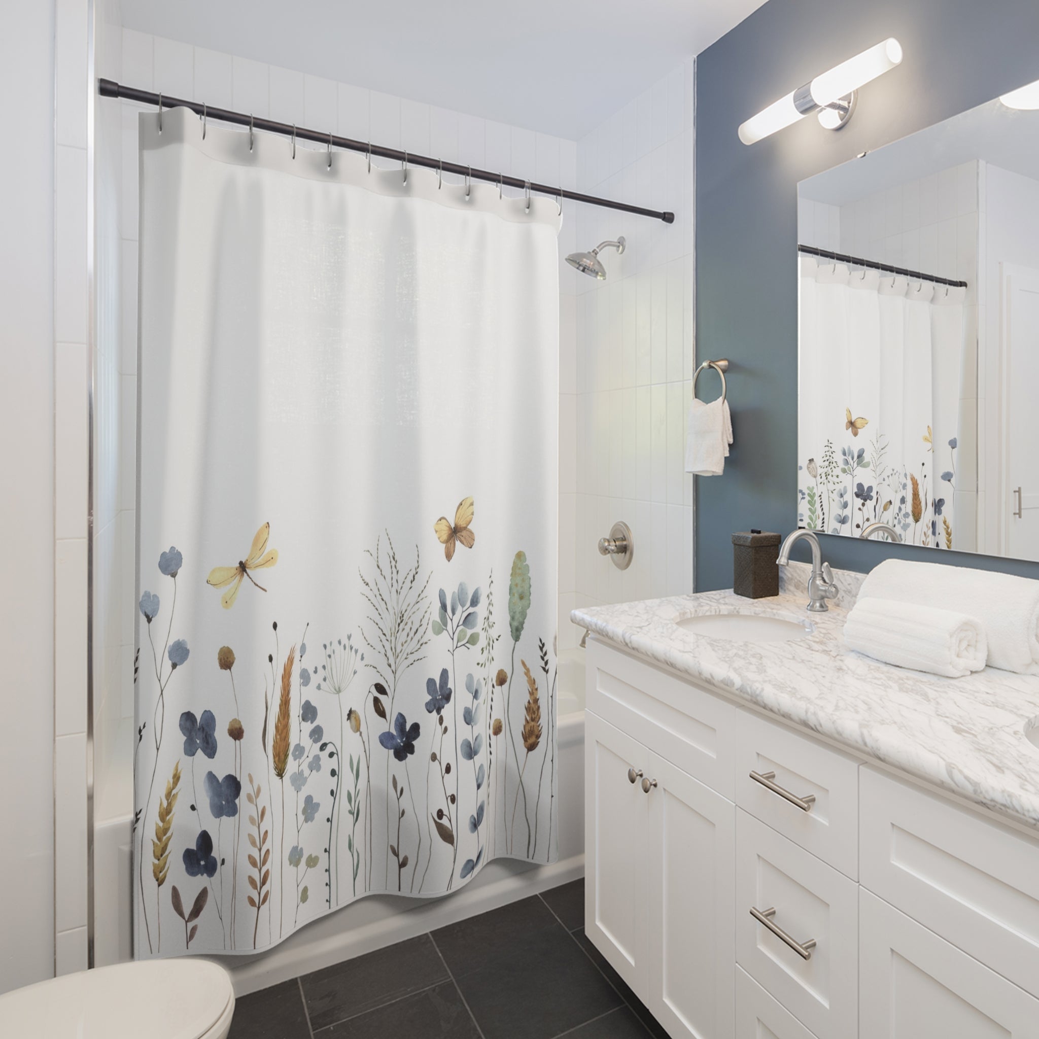 Botanical Meadow Shower Curtain — Watercolor Wildflowers & Butterflies