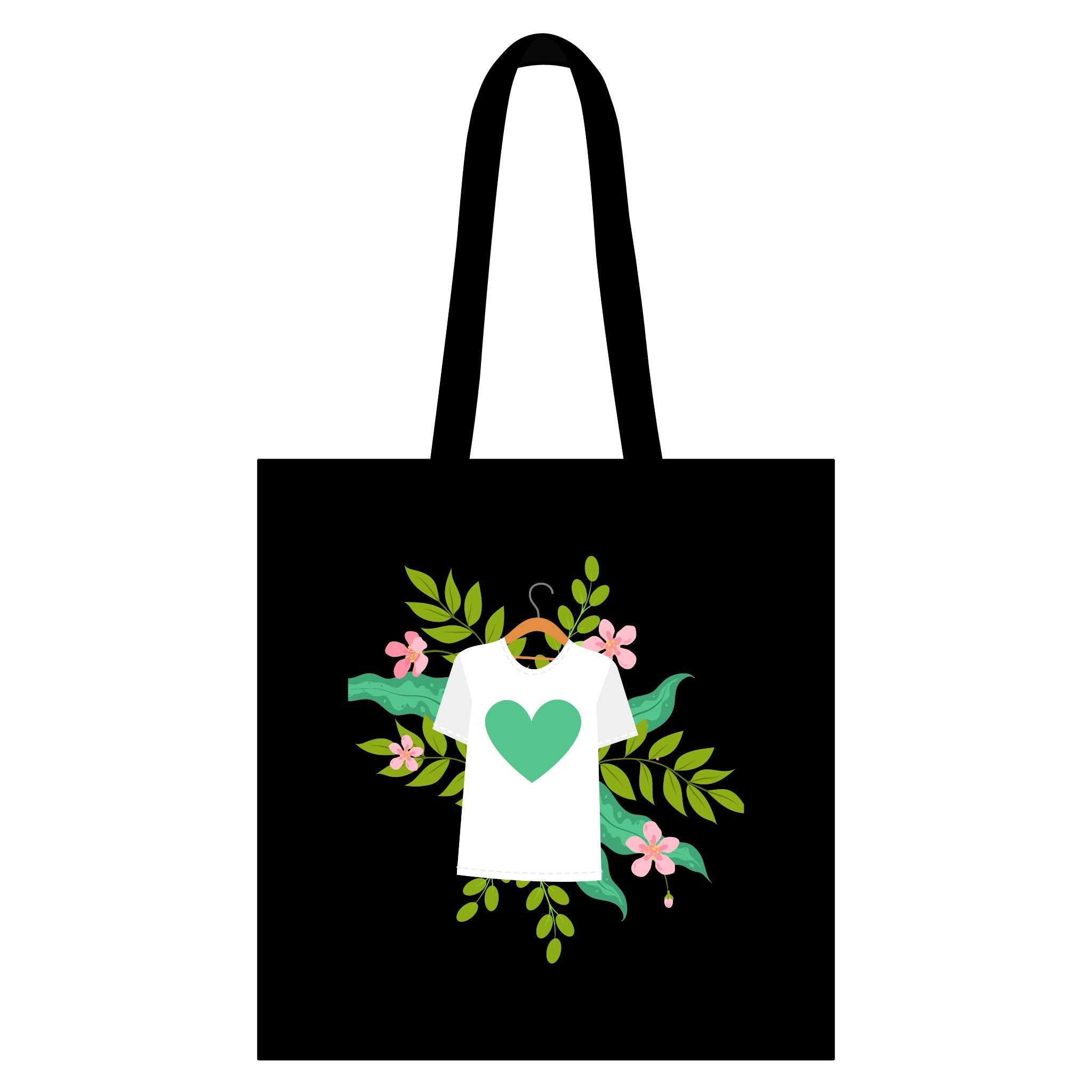 Canvas Tote Bag — Green Heart T‑Shirt Floral Design | Eco Grocery Market Bag