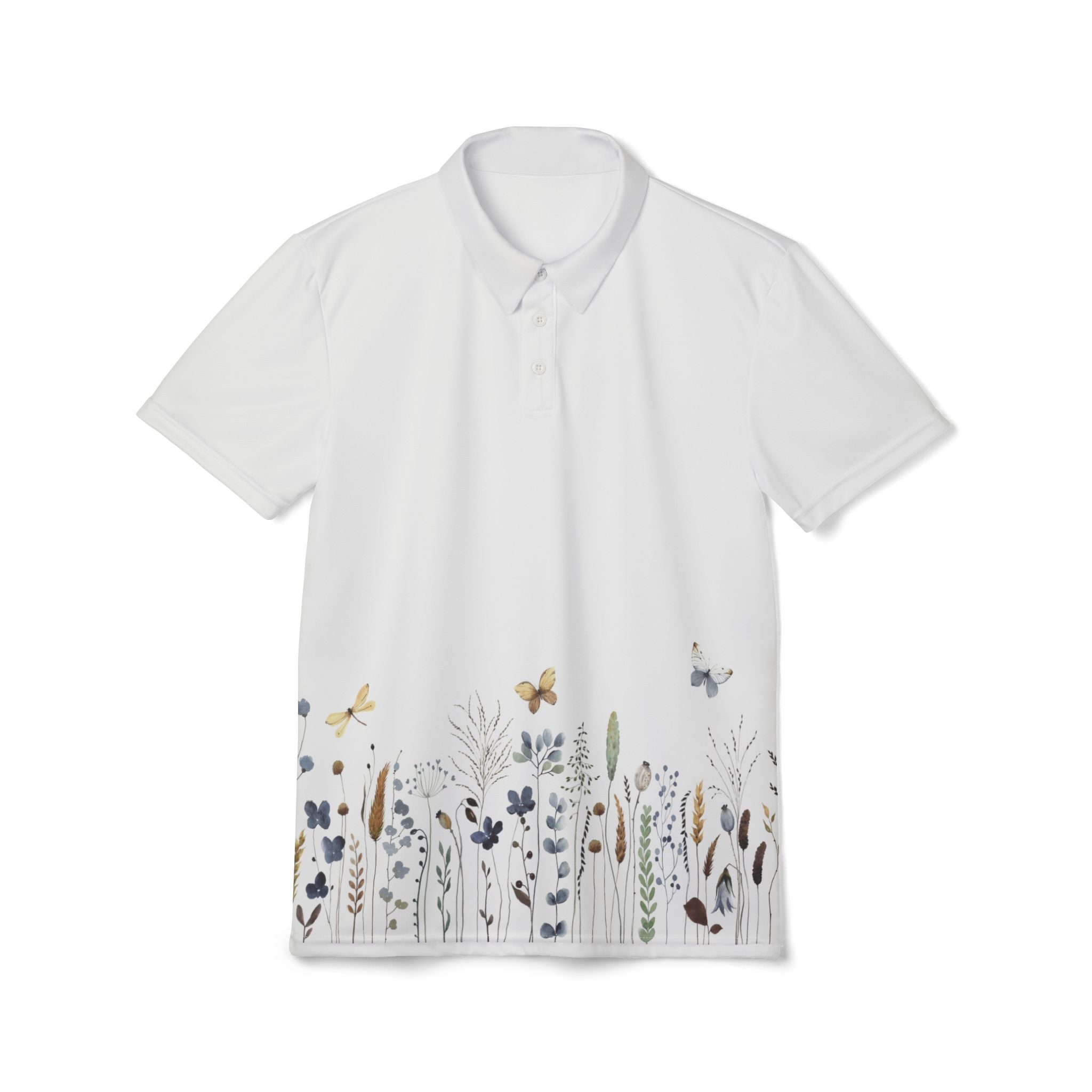 Botanical Meadow Polo Shirt — Floral Field Design with Butterflies
