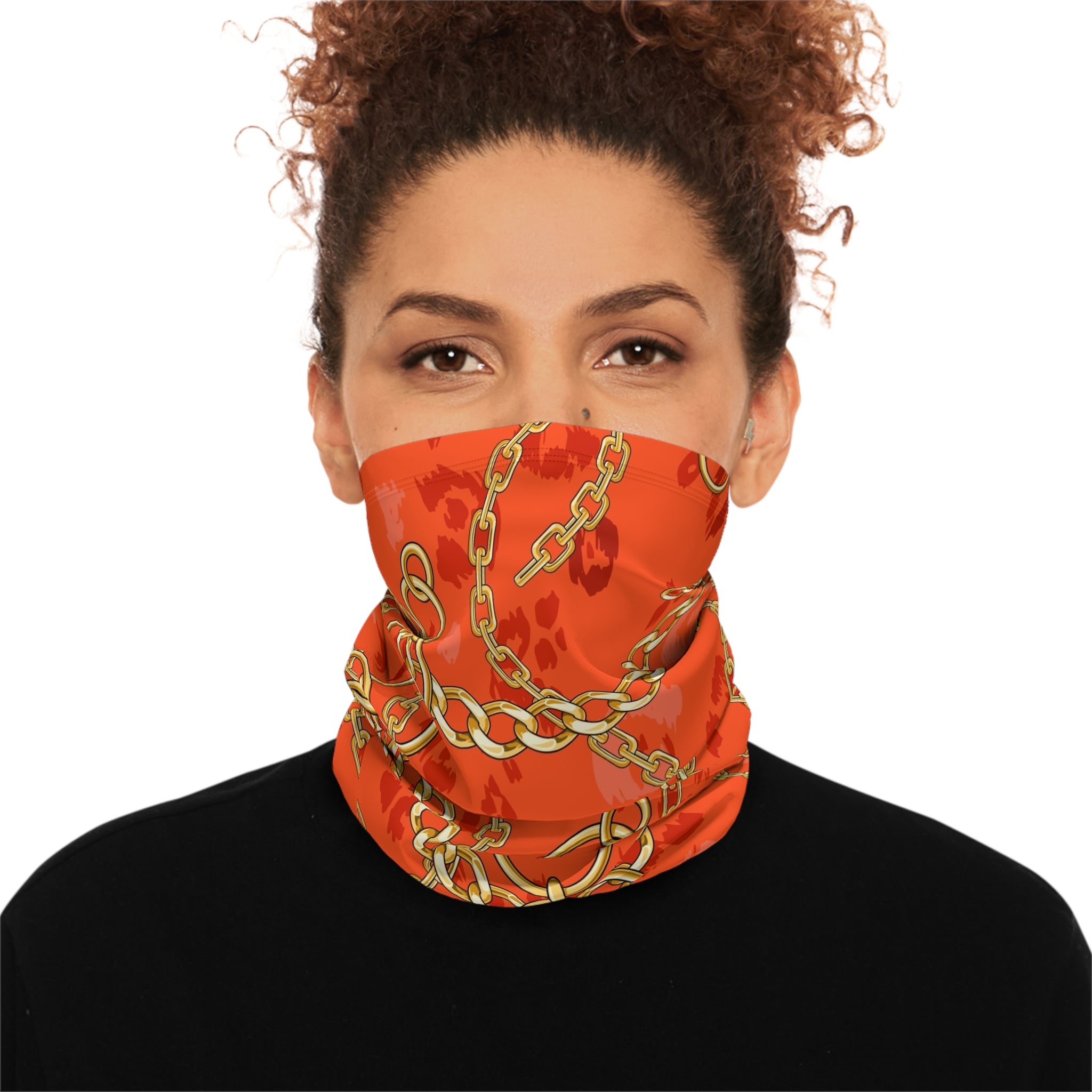 Gold Chain Print Winter Neck Gaiter — Orange Leopard Scarf with Drawstring