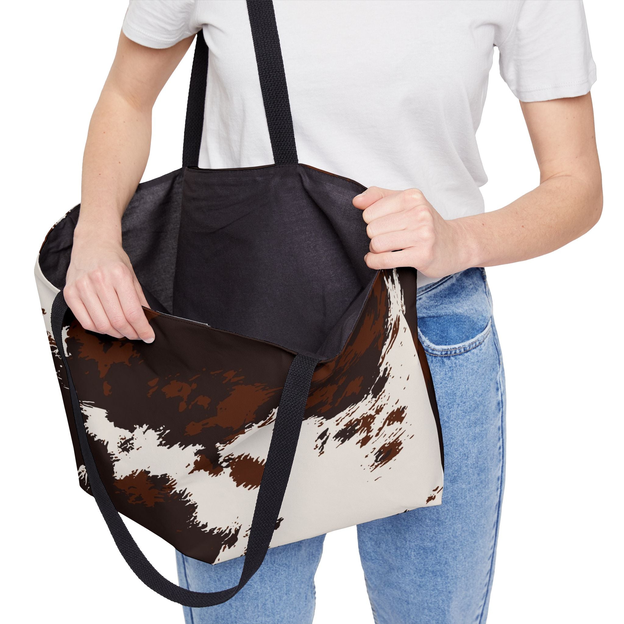 Cowhide Print Weekender Tote Bag — Brown & White Faux Cowhide Travel Tote