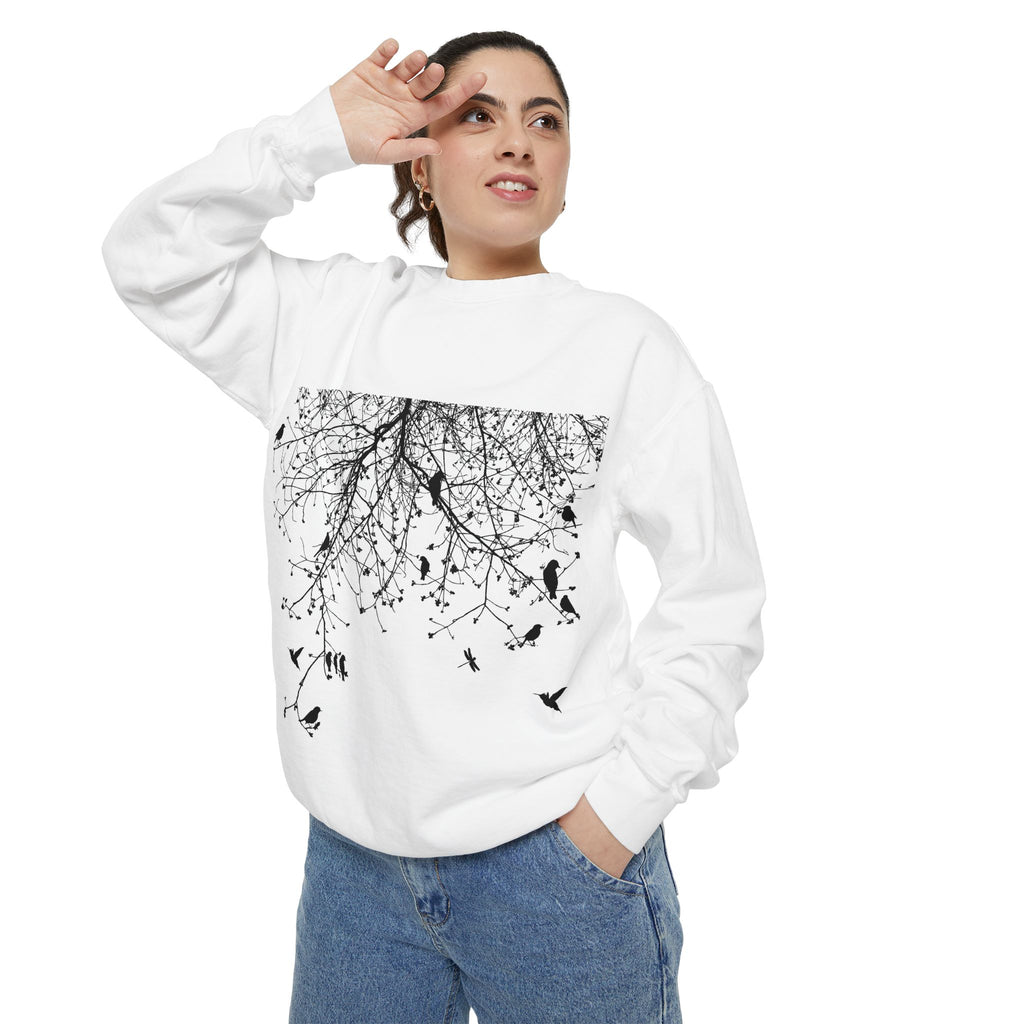 Floral & Flock Sweatshirt — Botanical Meadow Front with Birds Back