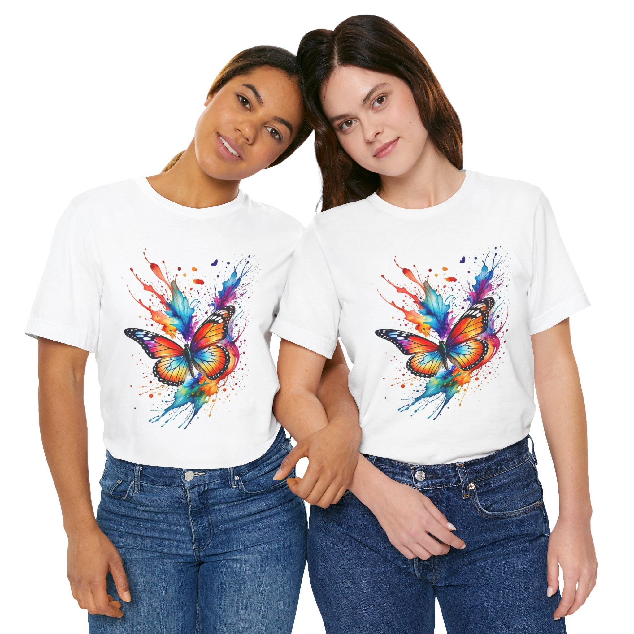 Butterfly & Floral Bike T‑Shirt — Colorful Watercolor Butterfly Front, Flower Basket Bicycle Back Tee