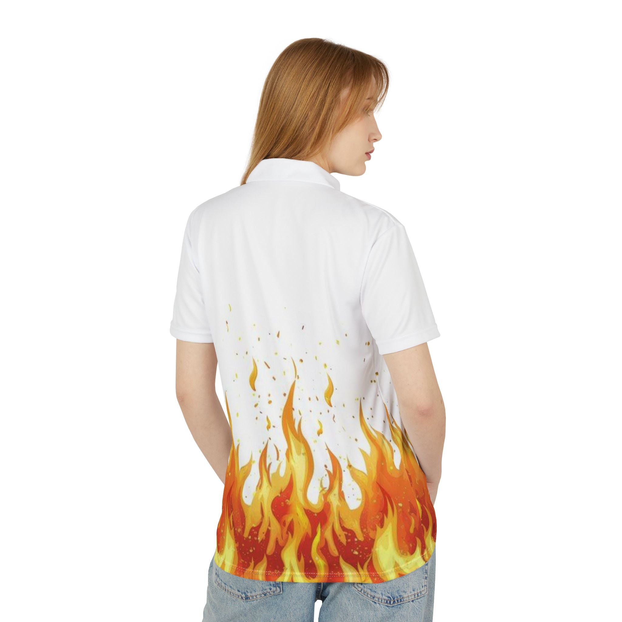 Flame Graphic Polo Shirt — Fiery All-Over Print
