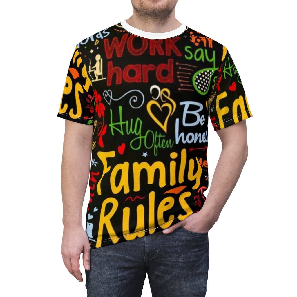 Family Rules Graphic Tee — Colorful Positive Message All-Over Print