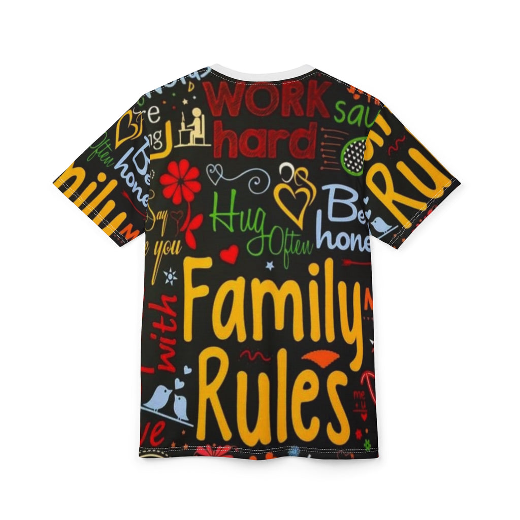 Family Rules Graphic Tee — Colorful Positive Message All-Over Print