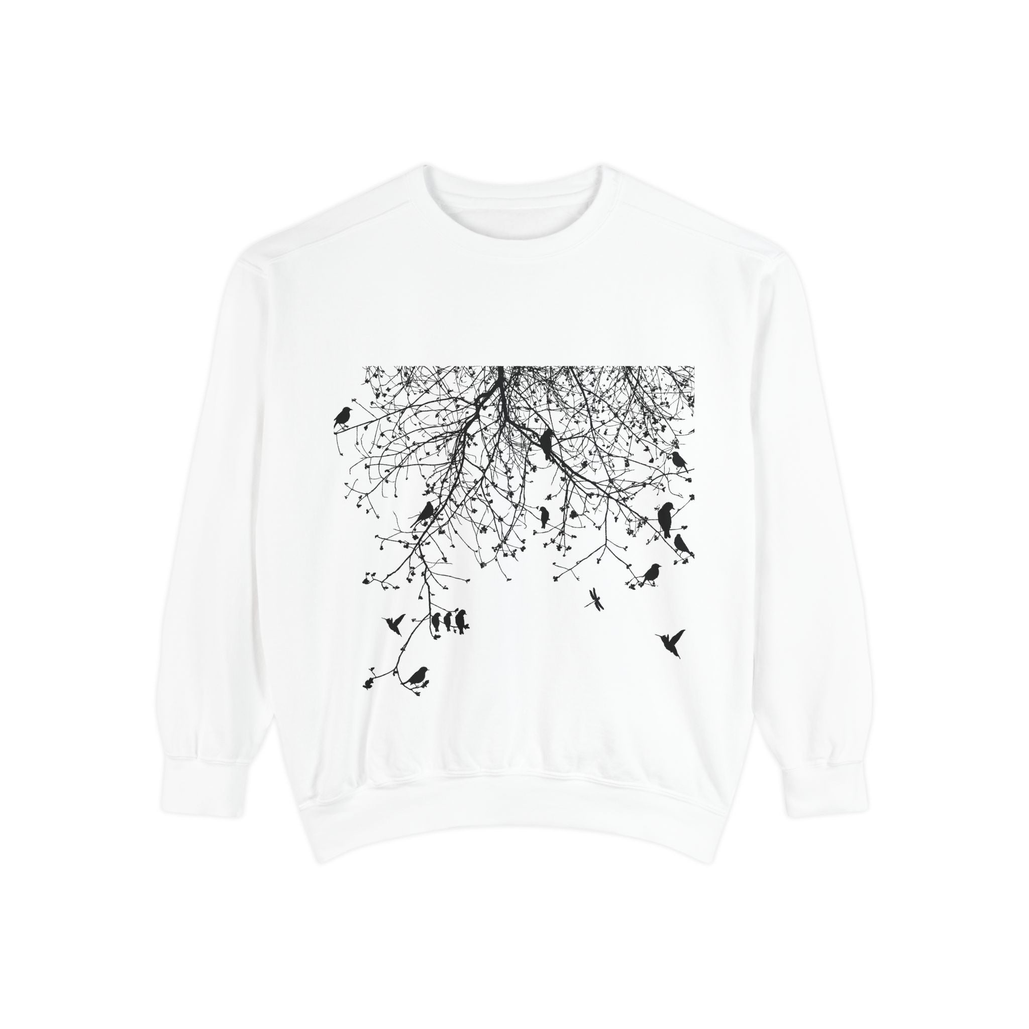 Floral & Flock Sweatshirt — Botanical Meadow Front with Birds Back