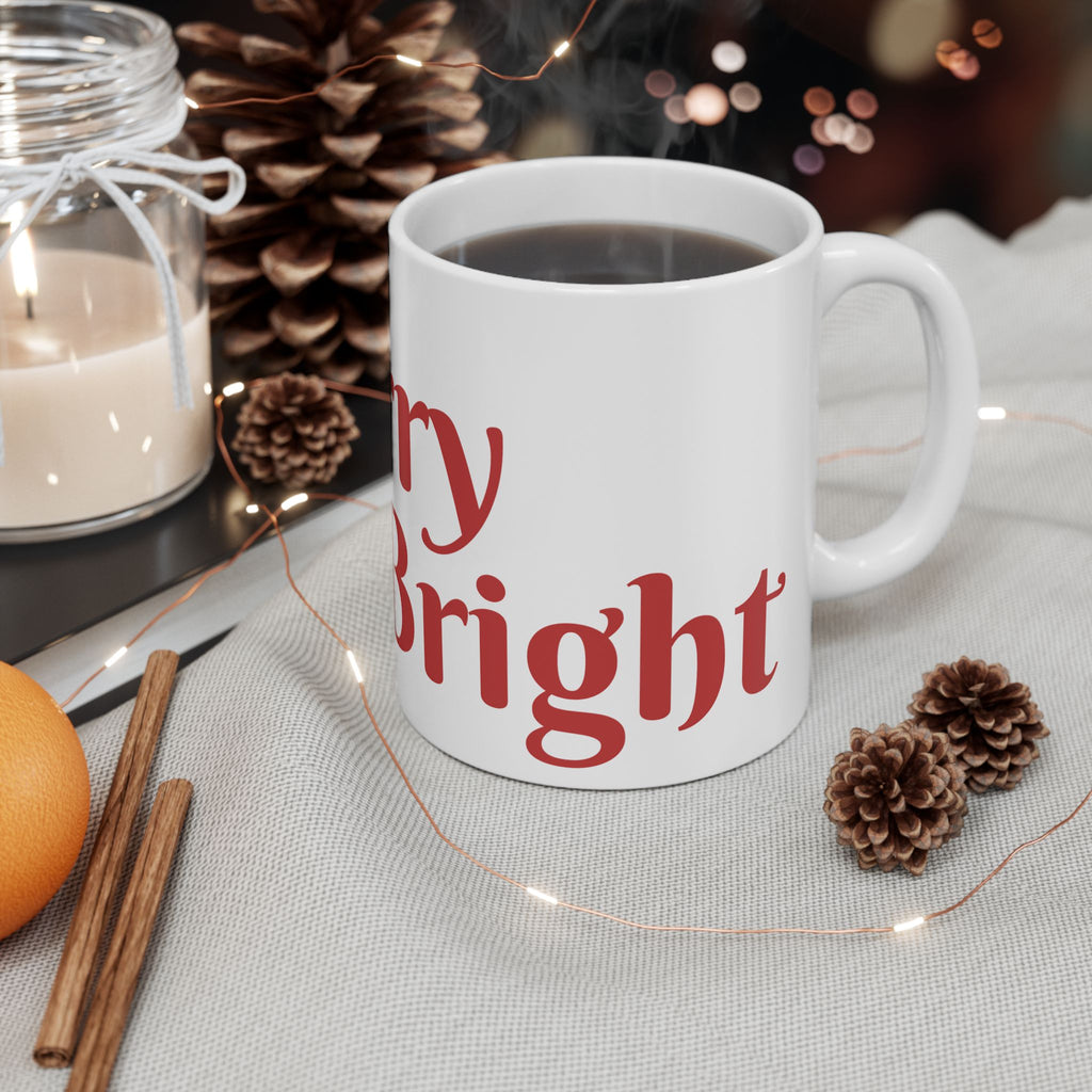 Christmas Tree Mug — "Merry & Bright" Holiday Ceramic Coffee Cup (11oz, 15oz)