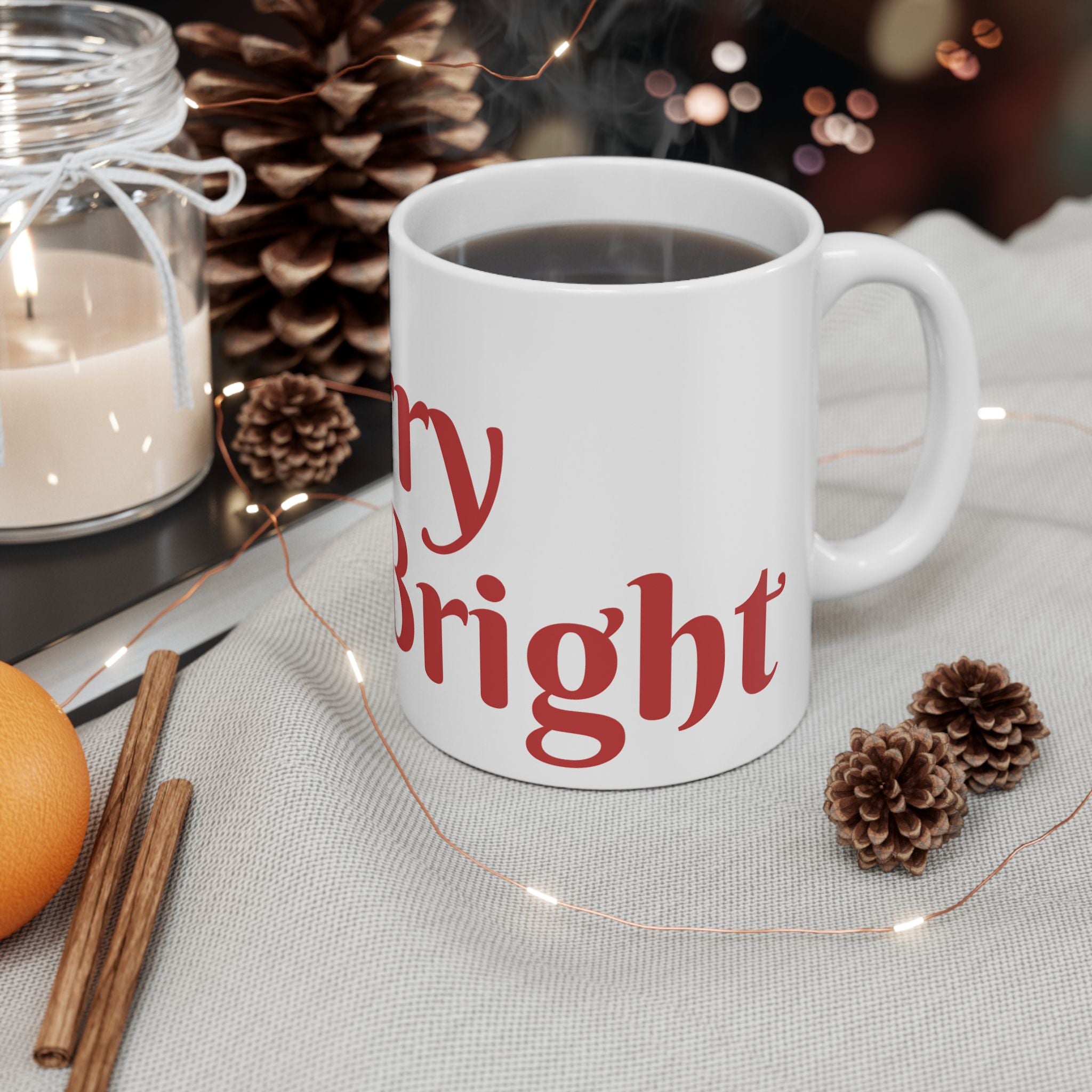 Christmas Tree Mug — "Merry & Bright" Holiday Ceramic Coffee Cup (11oz, 15oz)