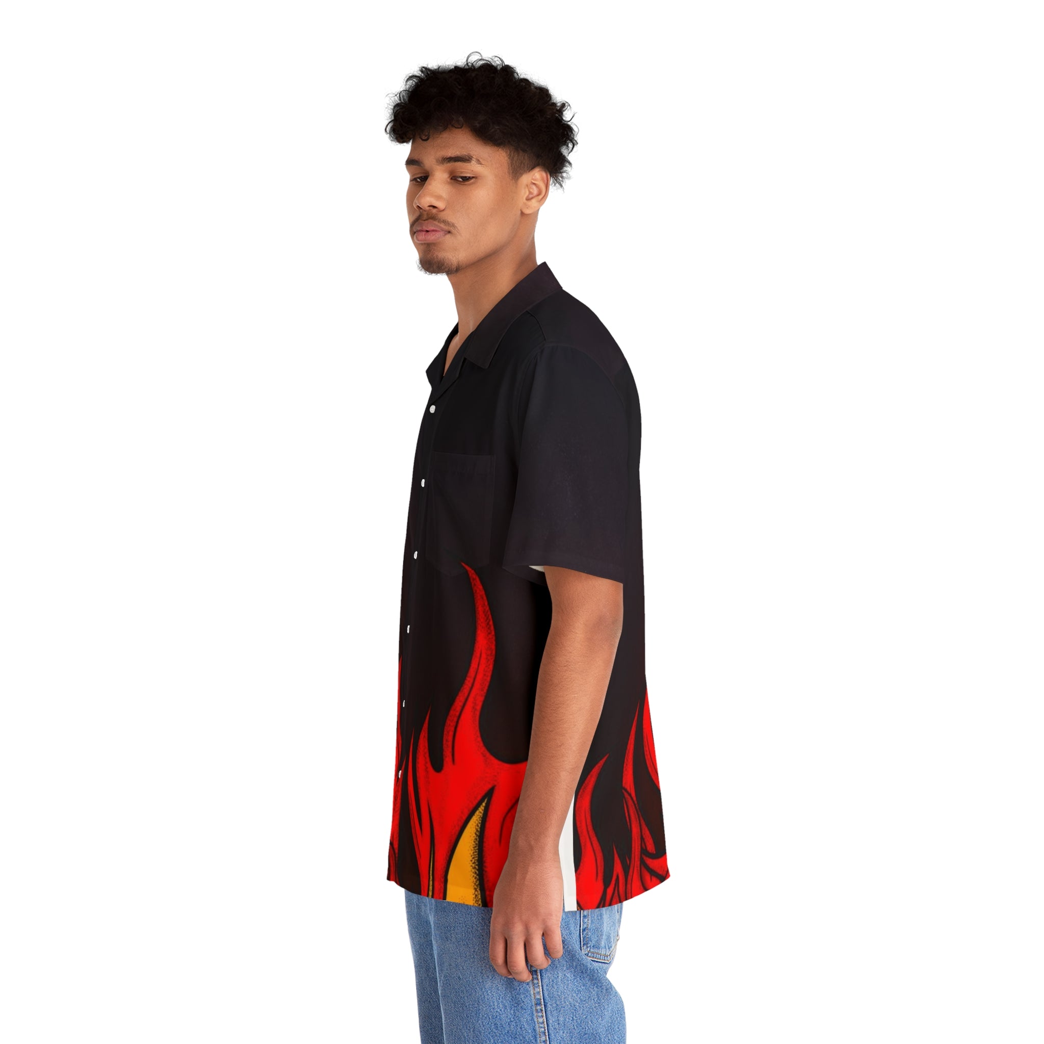 Flame Graphic Hawaiian Shirt — Men’s Retro Fire Print Camp Shirt