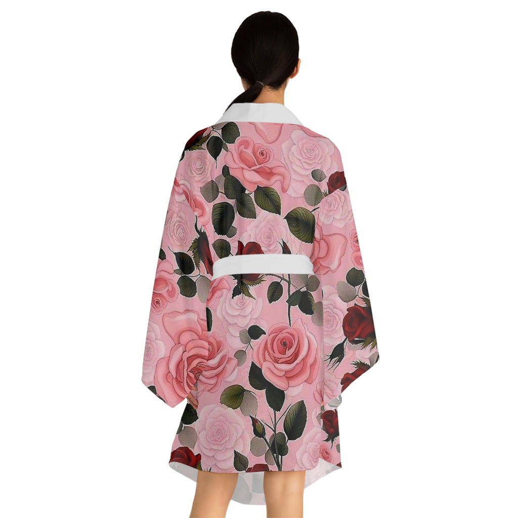 Floral Rose Kimono Robe — Pink & Red All-Over Print