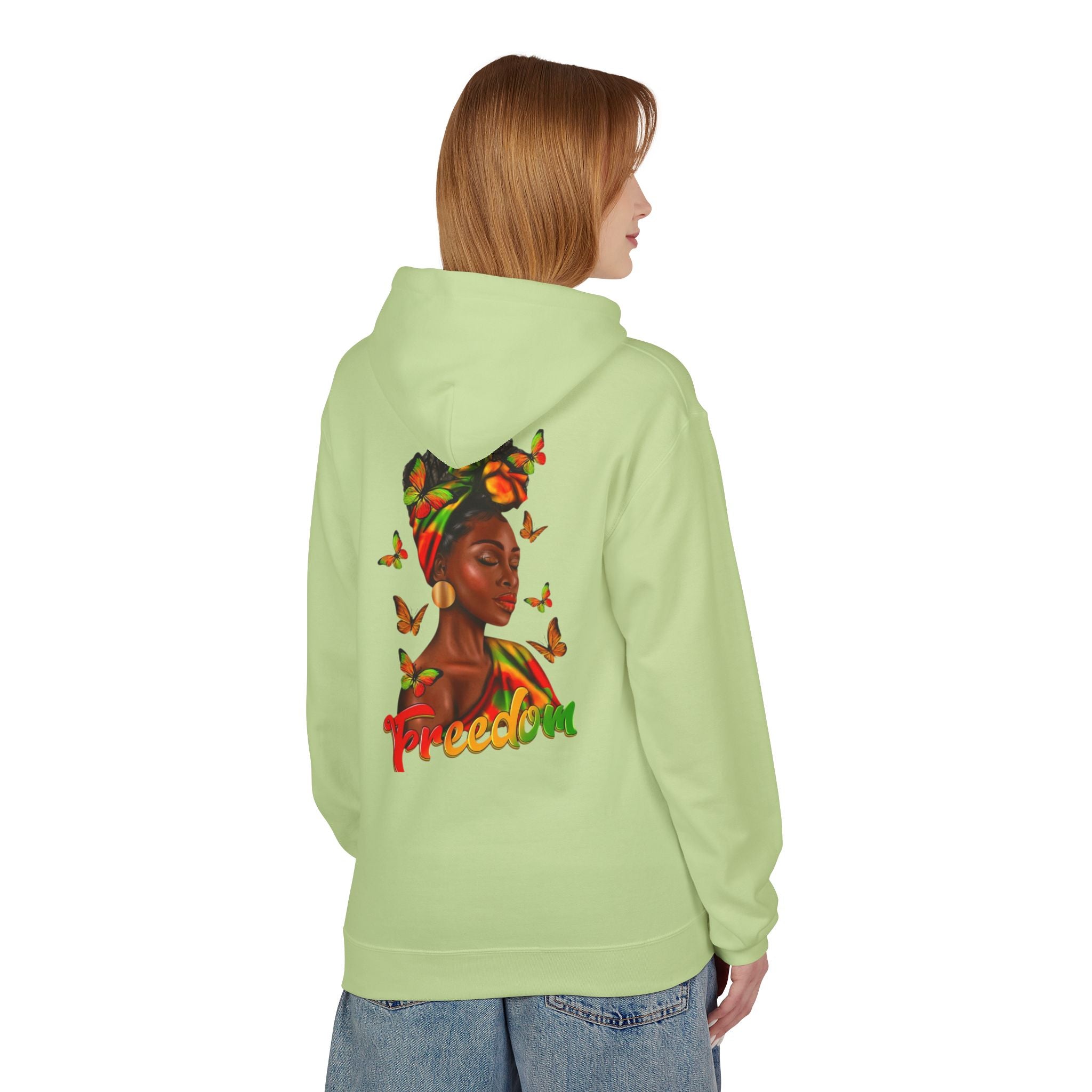 Freedom Afrocentric Hoodie — Woman with Headwrap & Butterflies