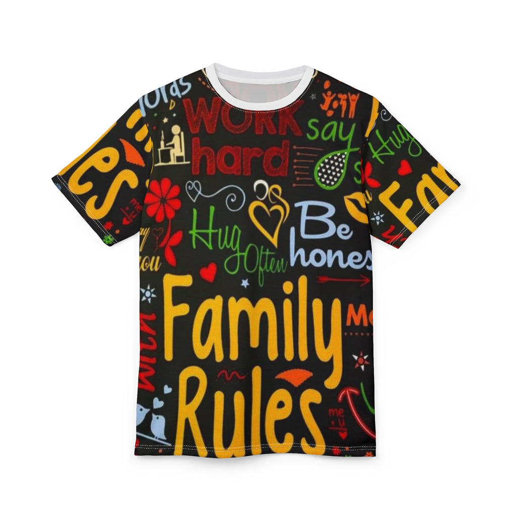 Family Rules Graphic Tee — Colorful Positive Message All-Over Print