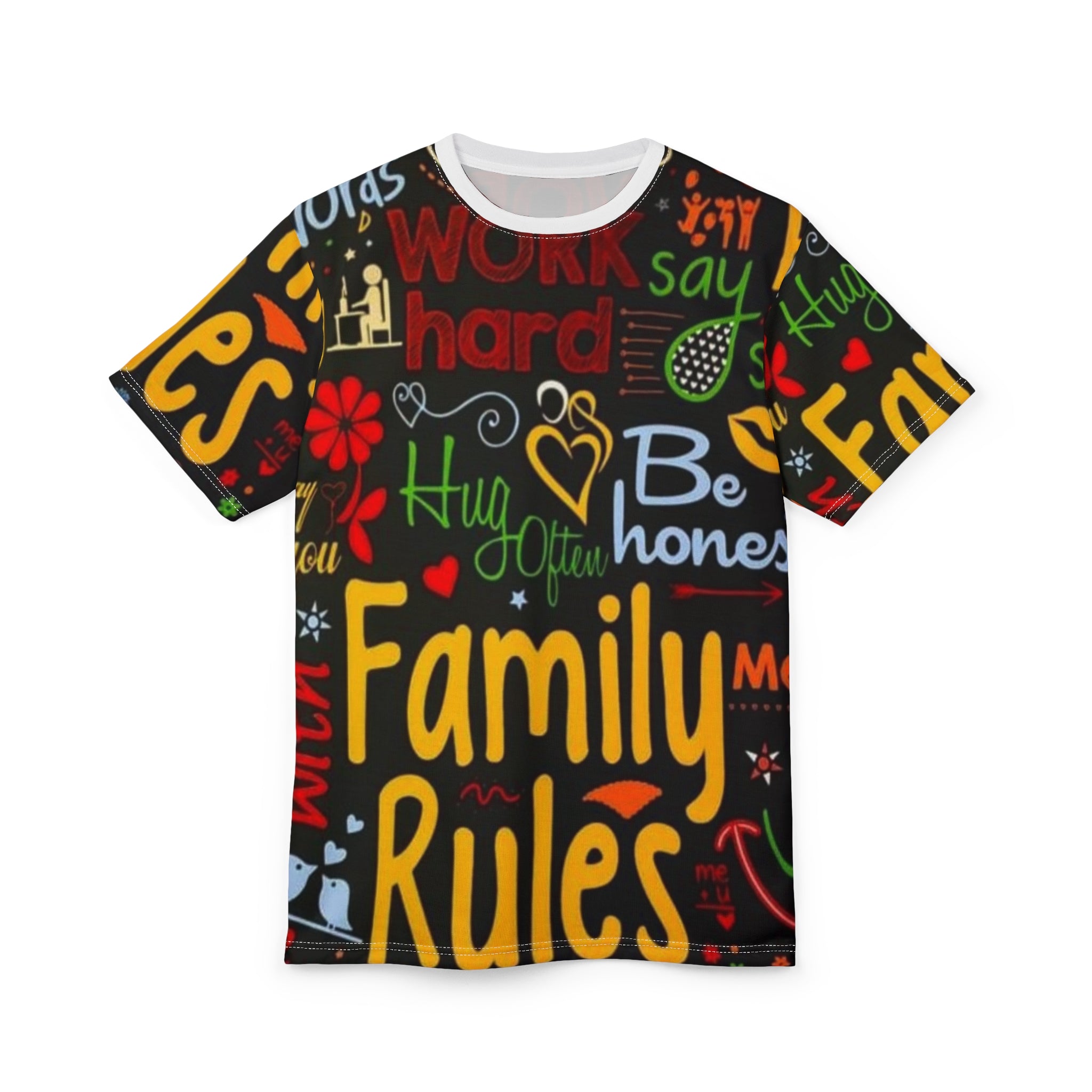 Family Rules Graphic Tee — Colorful Positive Message All-Over Print