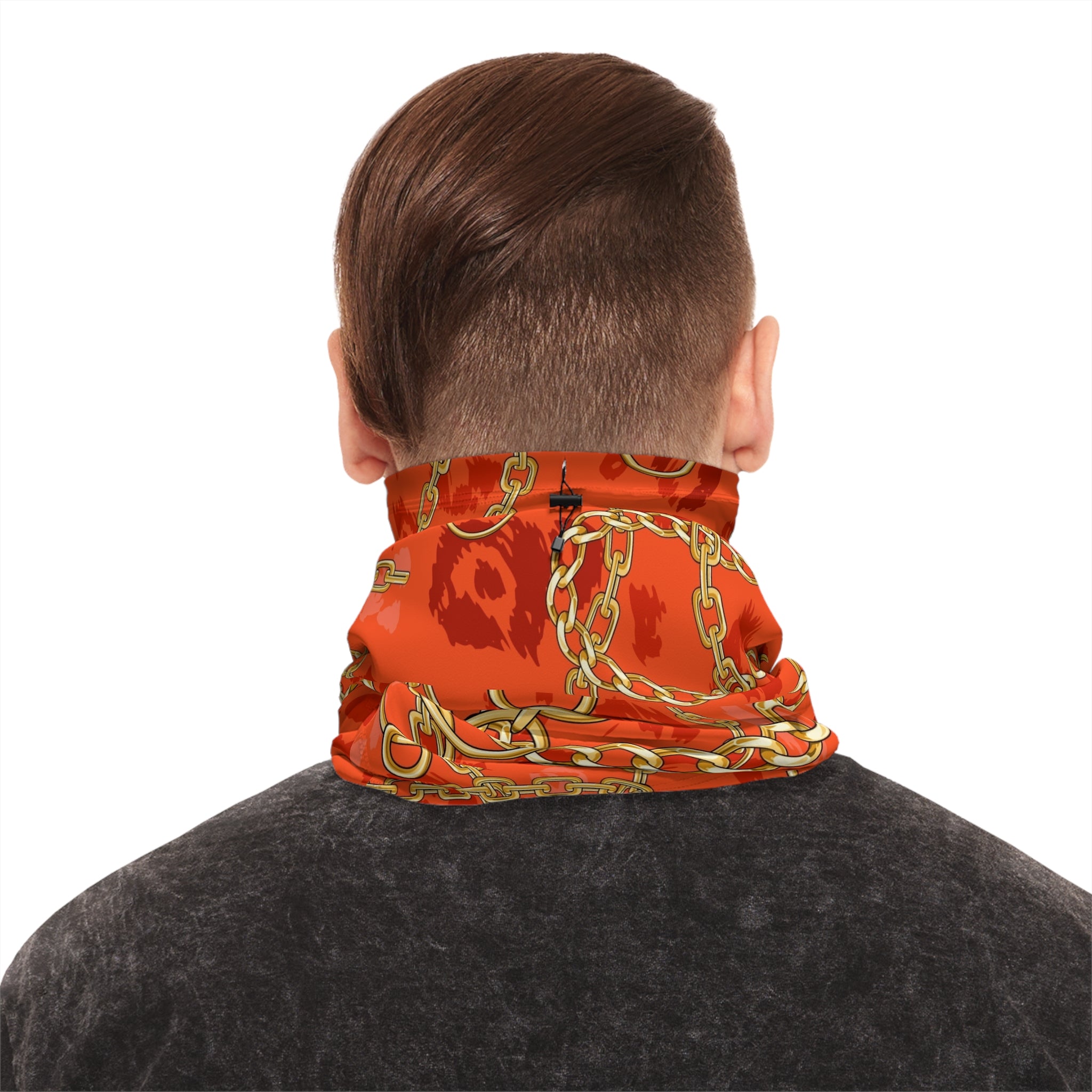 Gold Chain Print Winter Neck Gaiter — Orange Leopard Scarf with Drawstring