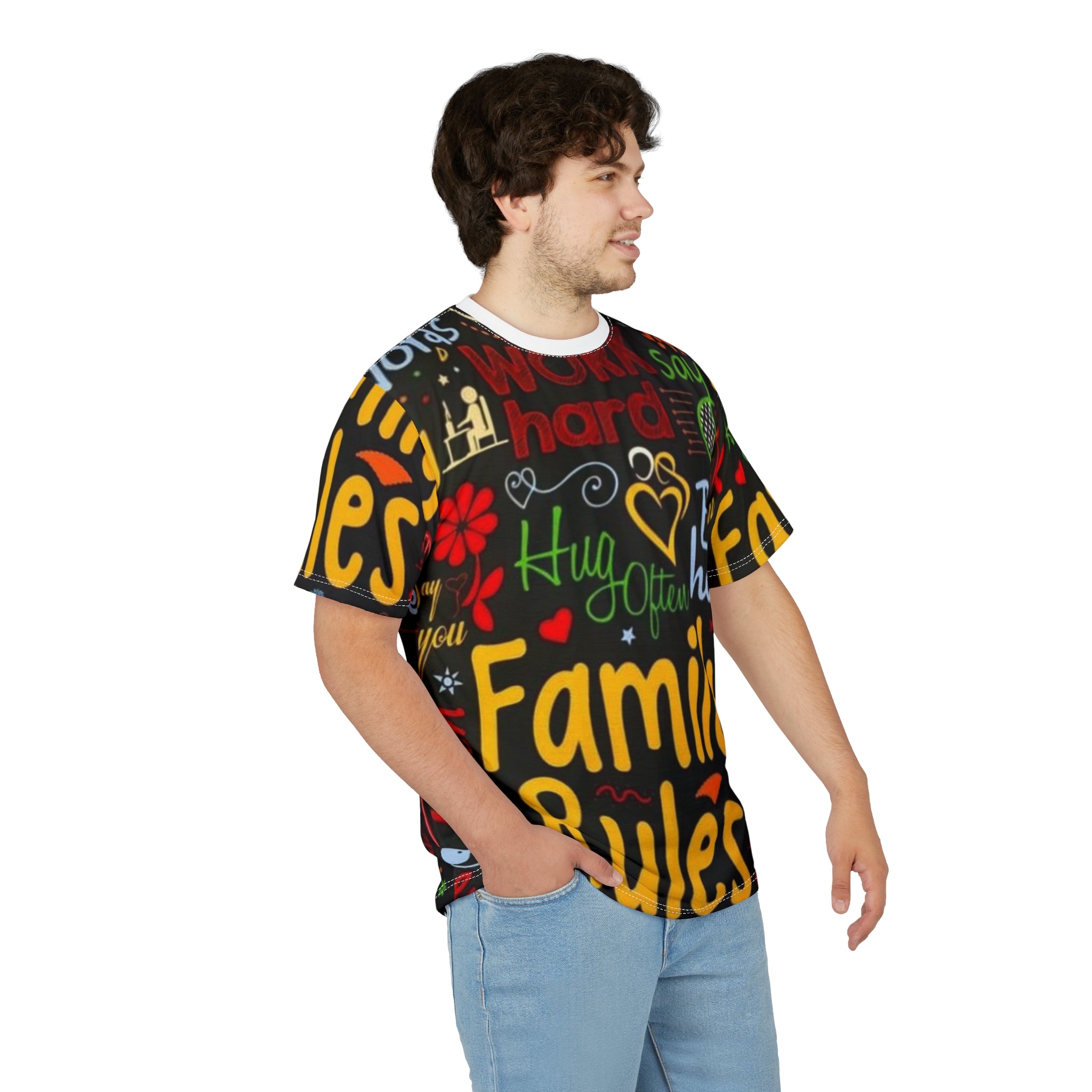 Family Rules Graphic Tee — Colorful Positive Message All-Over Print
