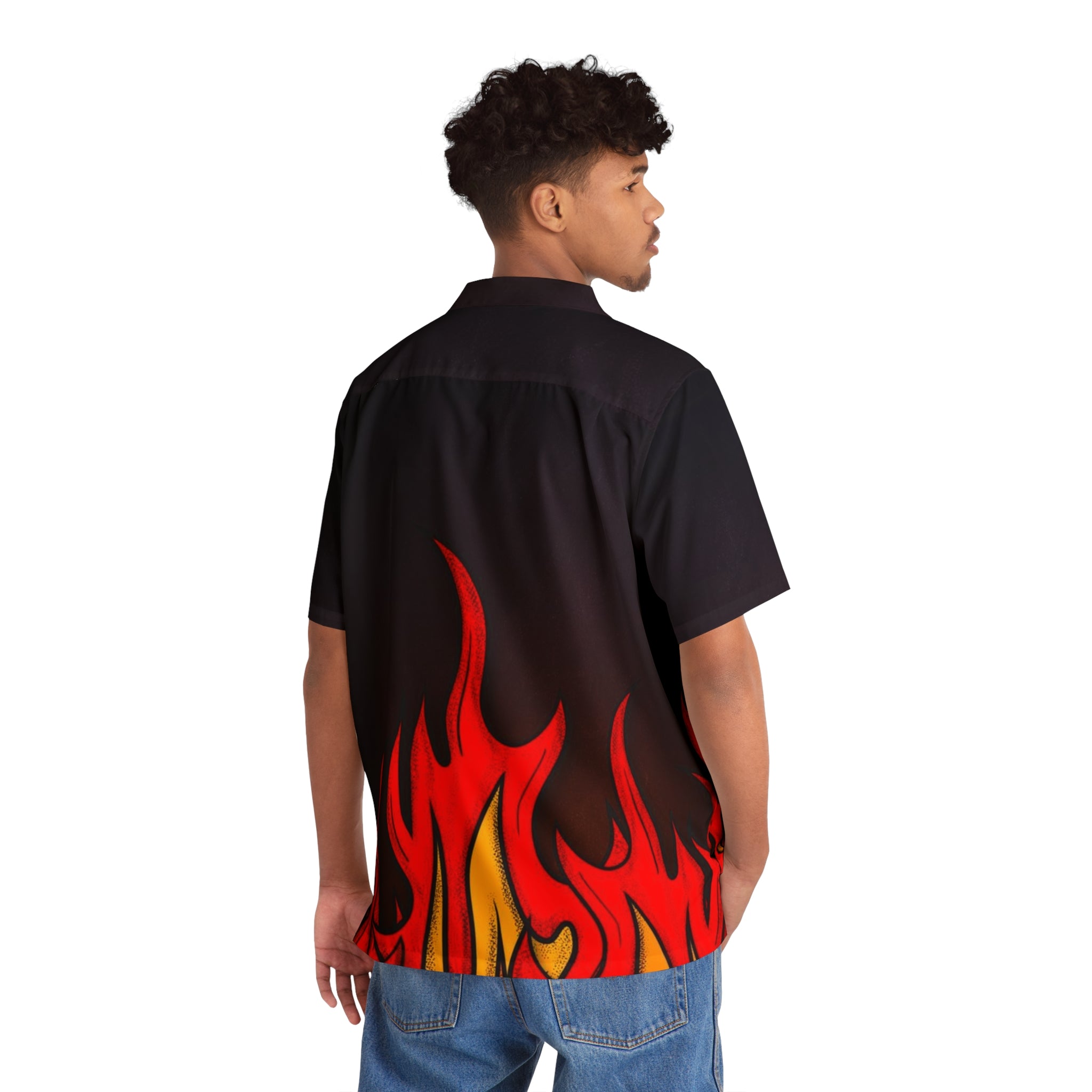 Flame Graphic Hawaiian Shirt — Men’s Retro Fire Print Camp Shirt