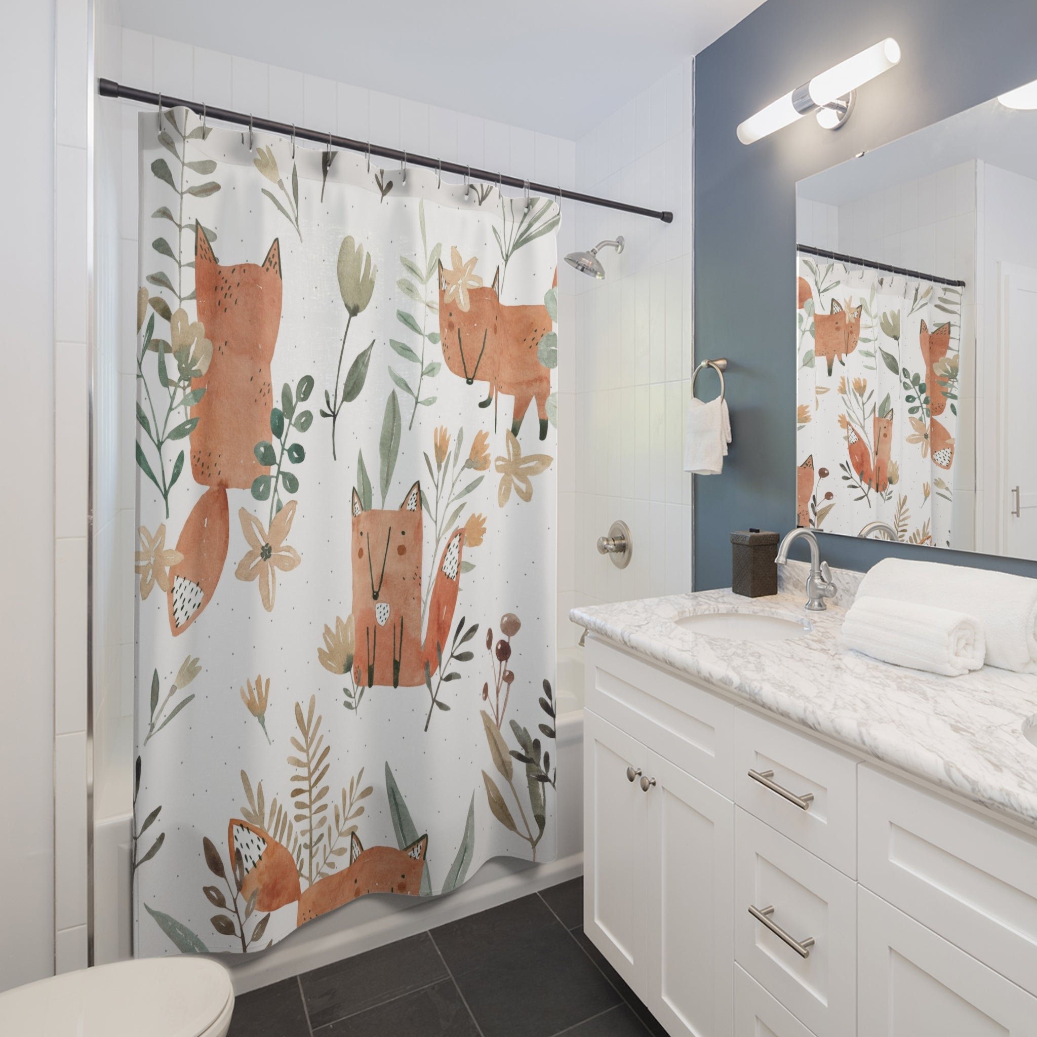 Cute Fox Floral Shower Curtain — Watercolor Woodland Kids Bathroom Decor