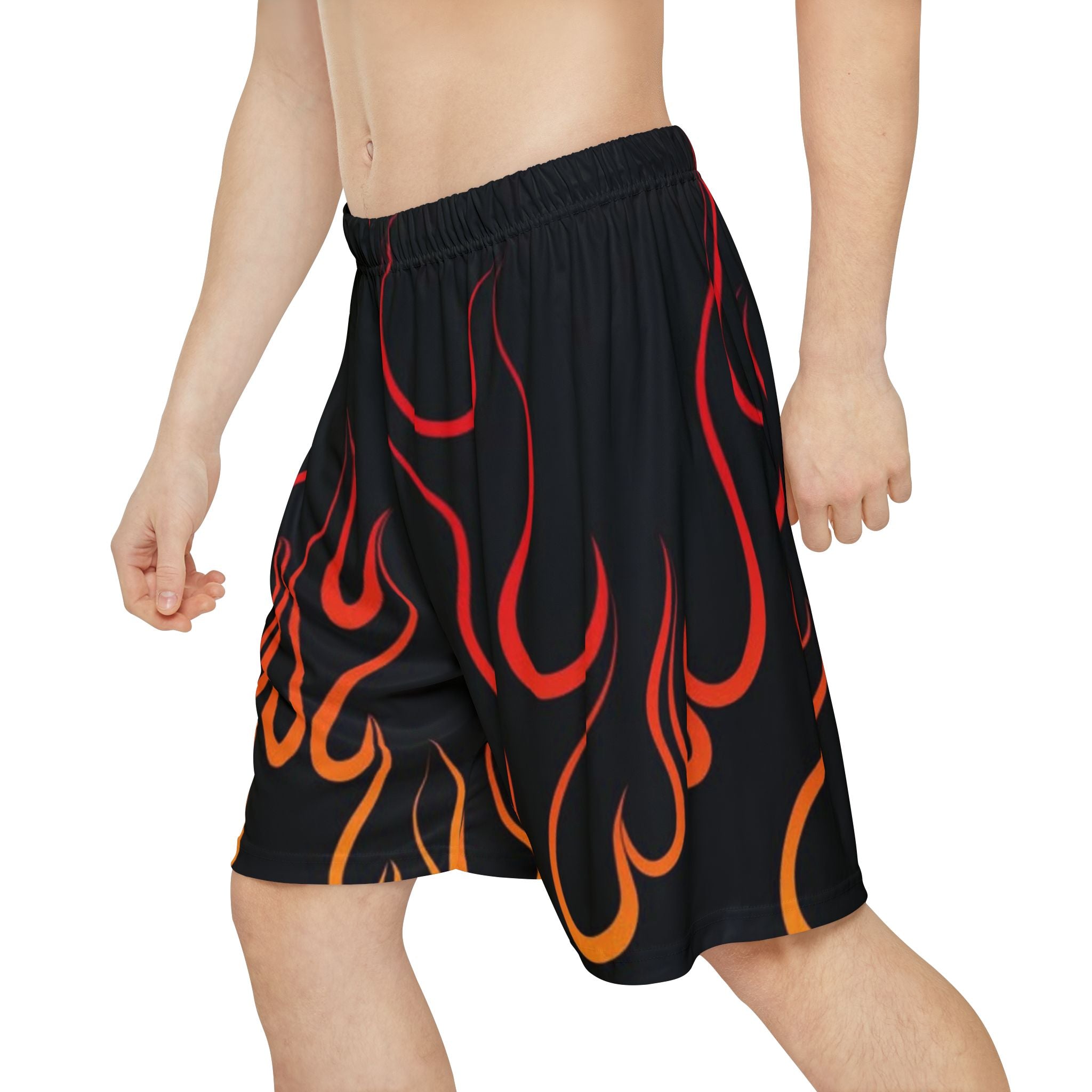 Flame Print Athletic Shorts — Retro Red & Orange Fire Pattern