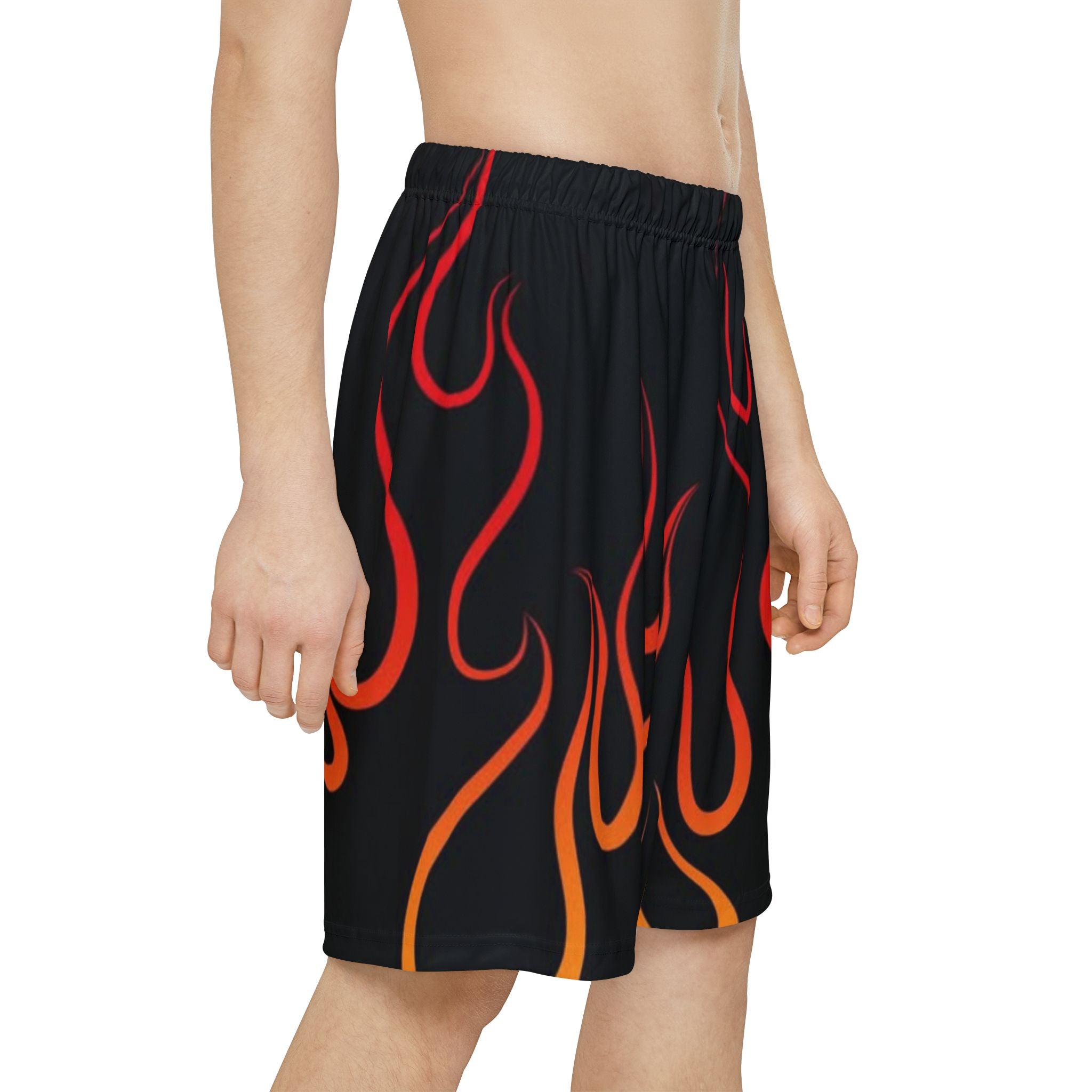 Flame Print Athletic Shorts — Retro Red & Orange Fire Pattern