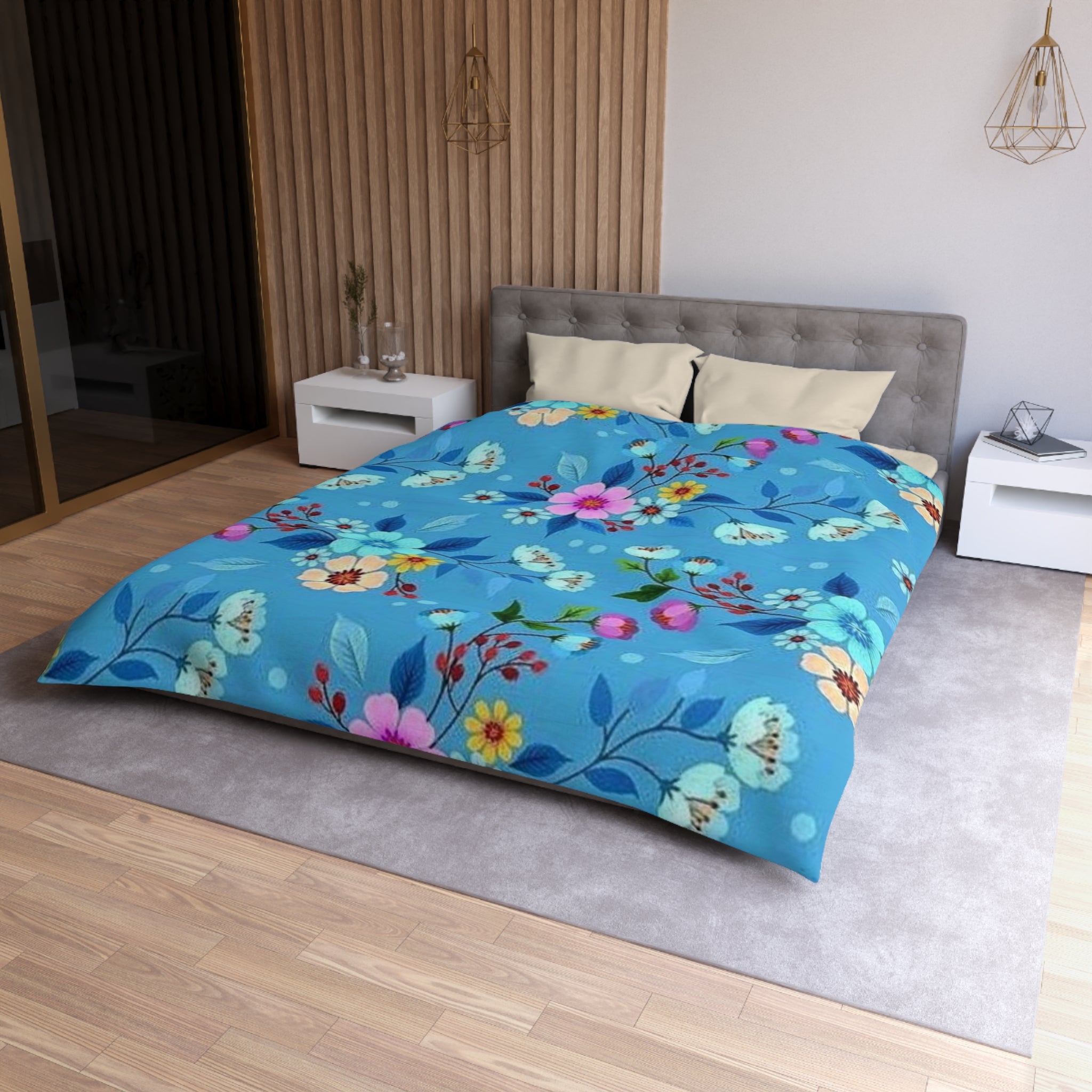 Floral Blue Microfiber Duvet Cover — Bright Blossom Bedspread