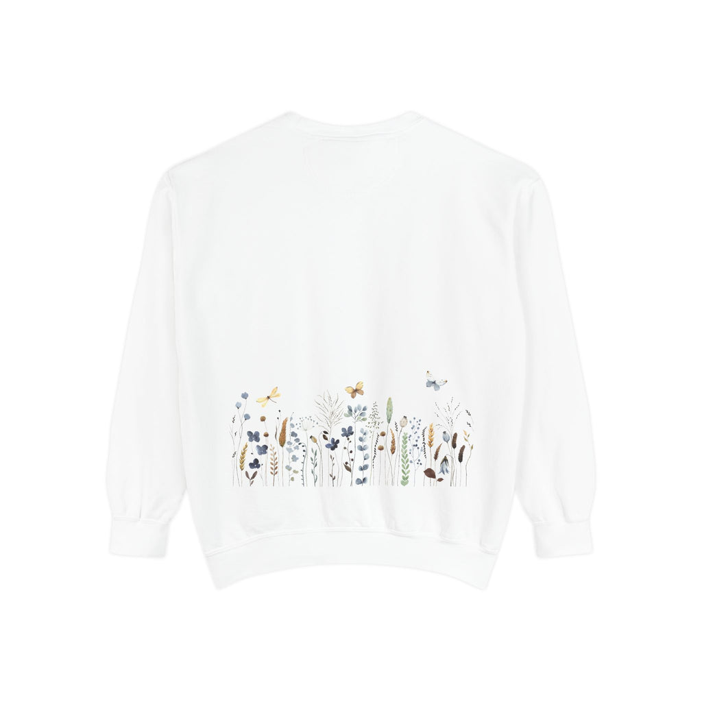 Floral & Flock Sweatshirt — Botanical Meadow Front with Birds Back
