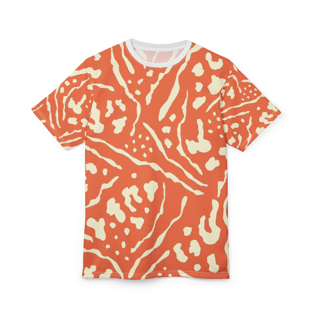 All-Over Coral Abstract Pattern Tee — Vibrant Orange Tribal Print Shirt