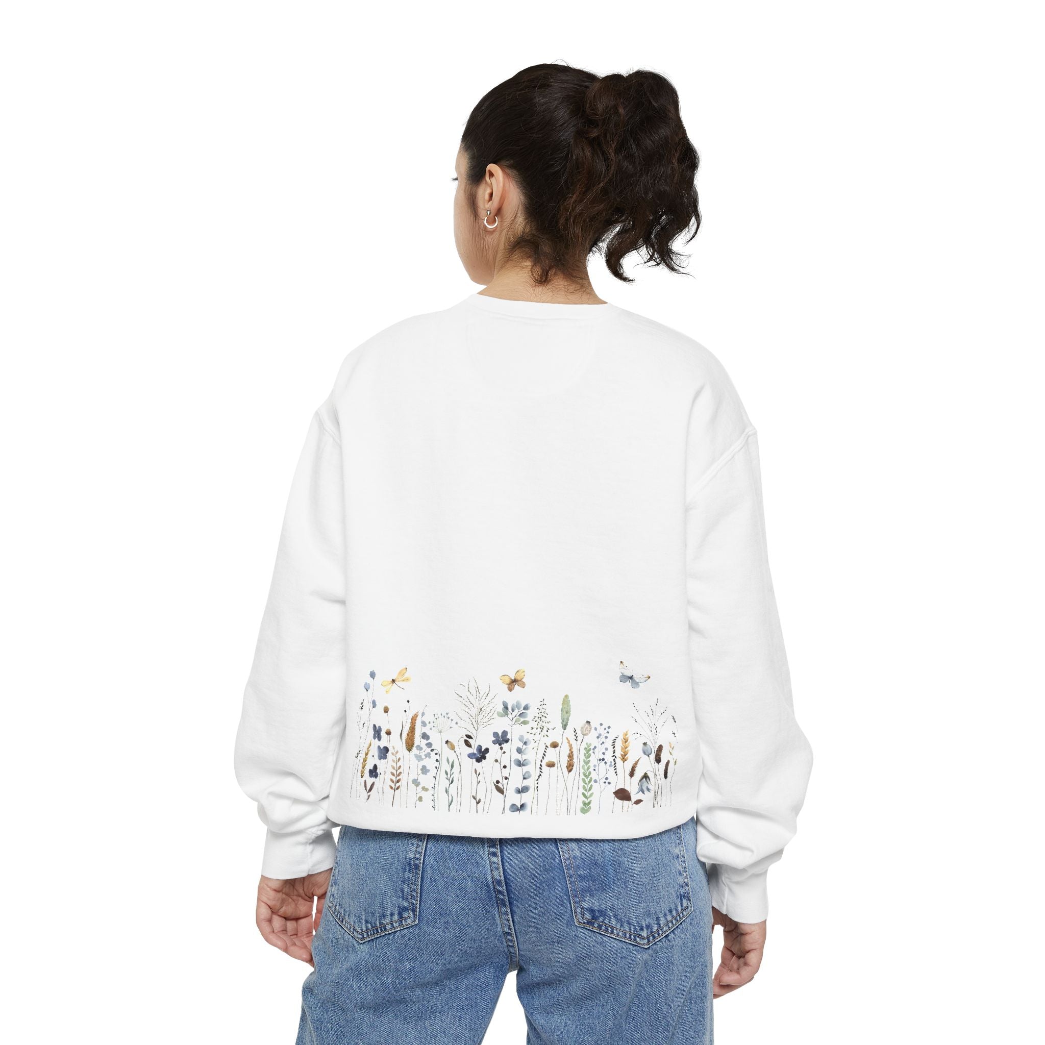 Floral & Flock Sweatshirt — Botanical Meadow Front with Birds Back