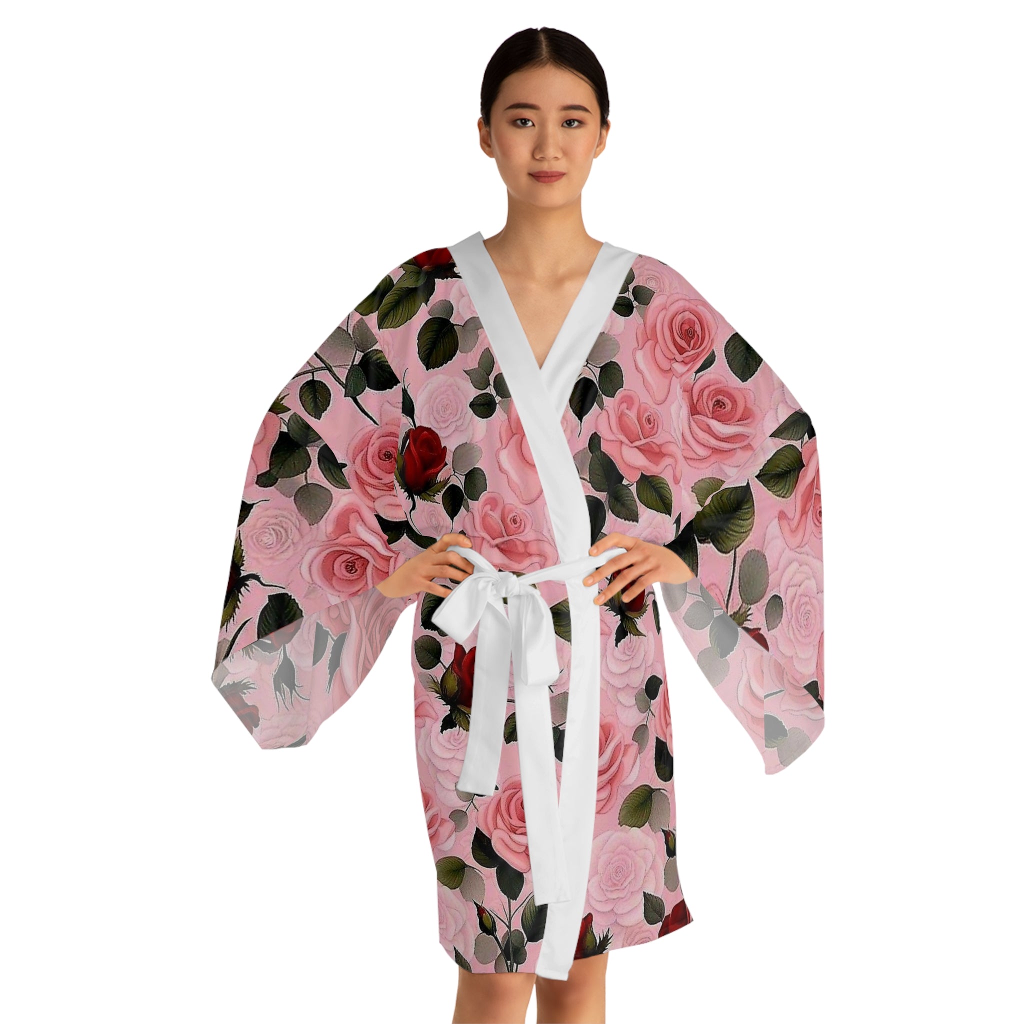 Floral Rose Kimono Robe — Pink & Red All-Over Print