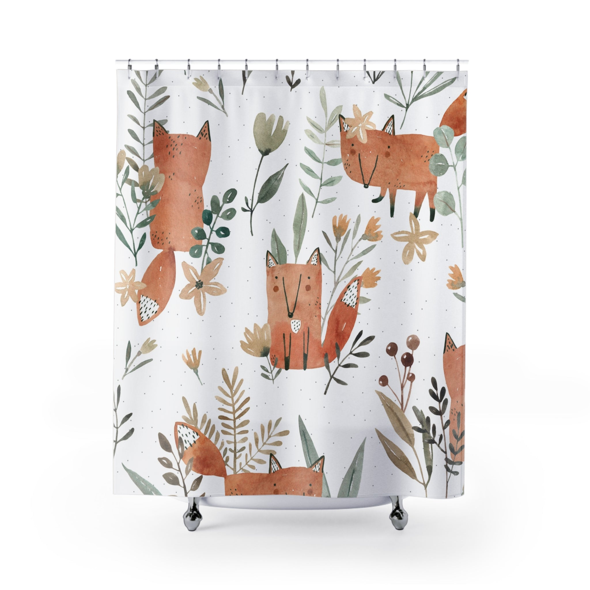 Cute Fox Floral Shower Curtain — Watercolor Woodland Kids Bathroom Decor