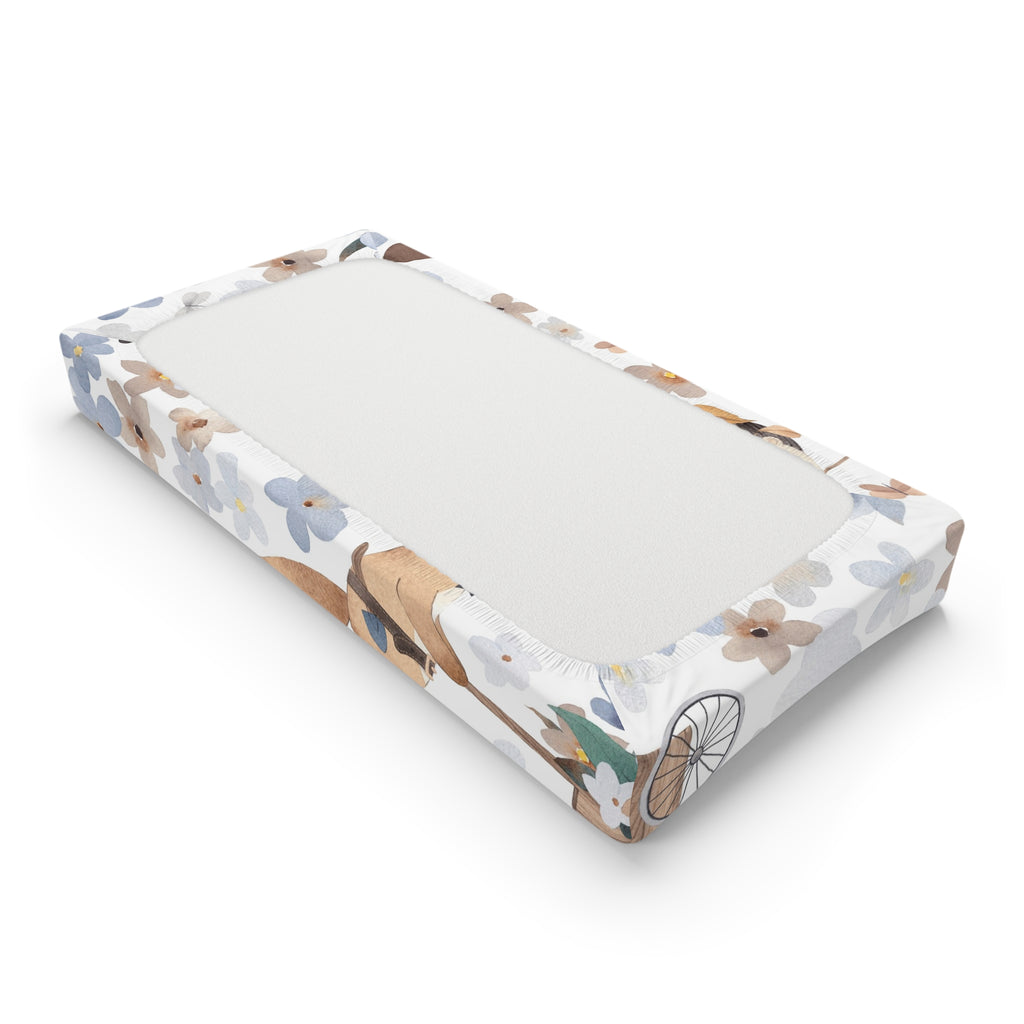 Floral Adventure Baby Changing Pad Cover — Neutral Woodland Bear & Blue Blossoms