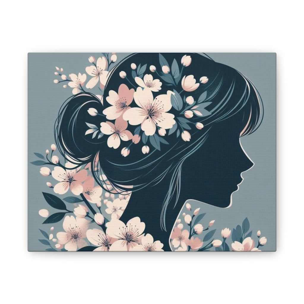 Floral Silhouette Canvas Art — Woman Profile with Cherry Blossoms