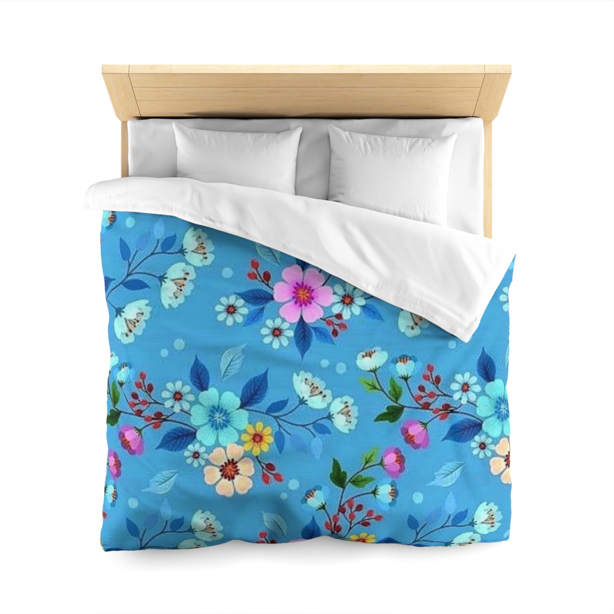 Floral Blue Microfiber Duvet Cover — Bright Blossom Bedspread