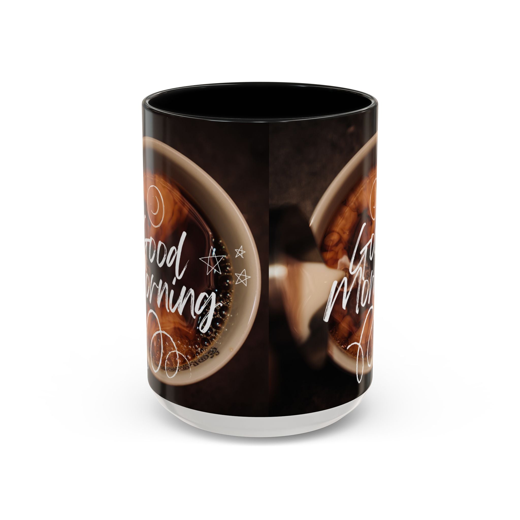 Good Morning Coffee Mug — 11/15oz Accent Ceramic Cup (Black Handle & Interior)
